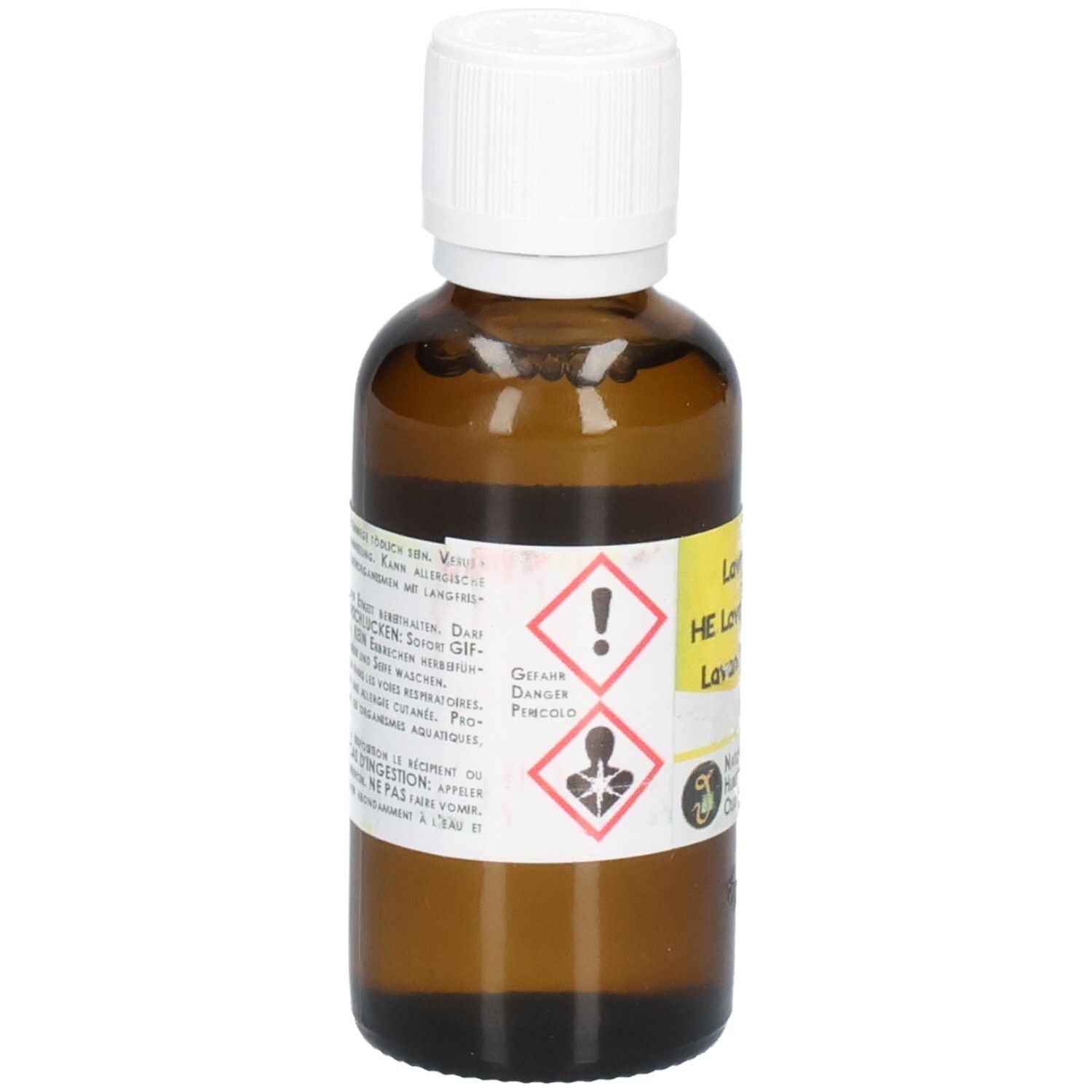 Braune Glasflasche mit weißem Schraubverschluss, Etikett mit Warnsymbolen und Produktinformationen.