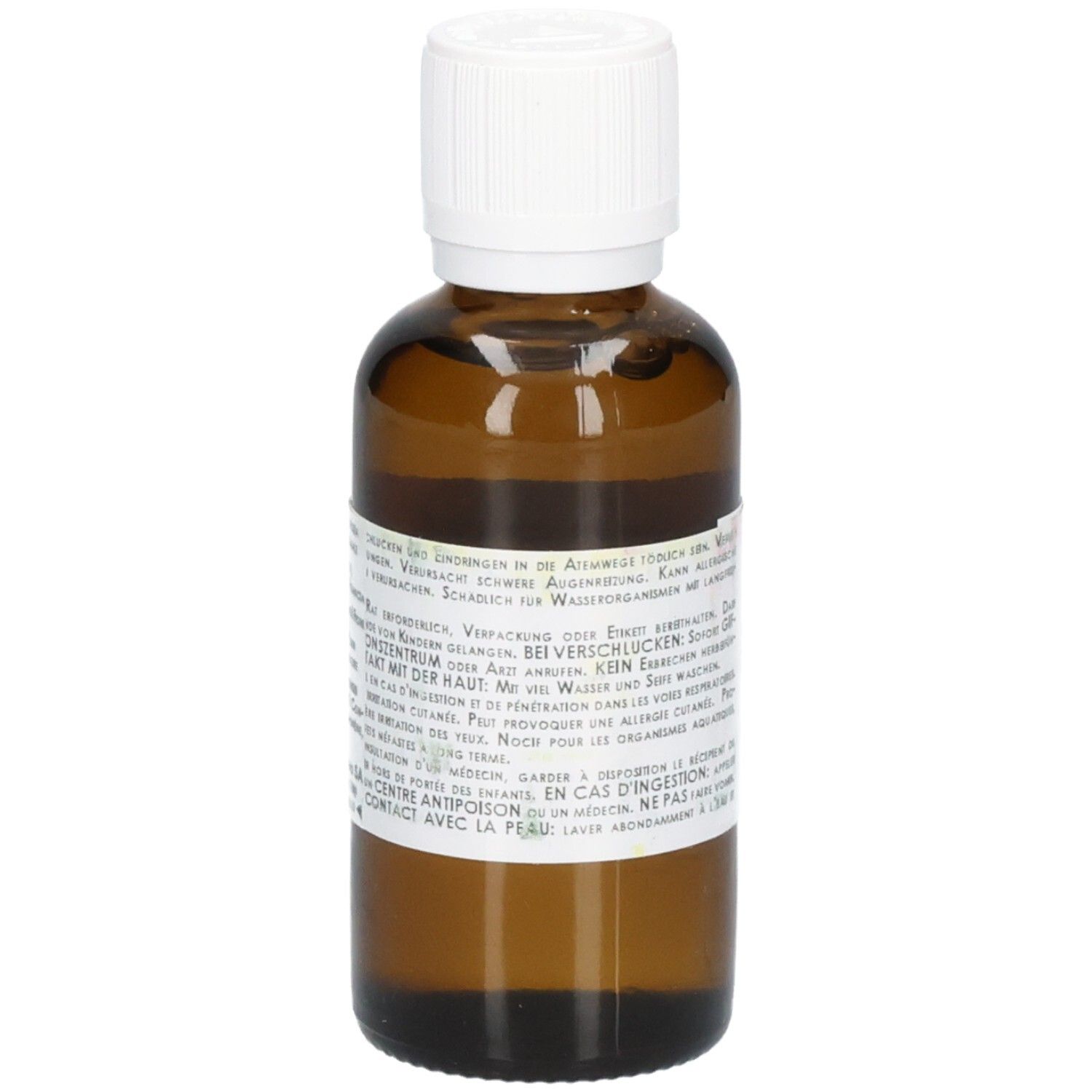 Braune Glasflasche mit weißem Schraubverschluss, gefüllt mit Flüssigkeit. Etikett mit Warnhinweisen.