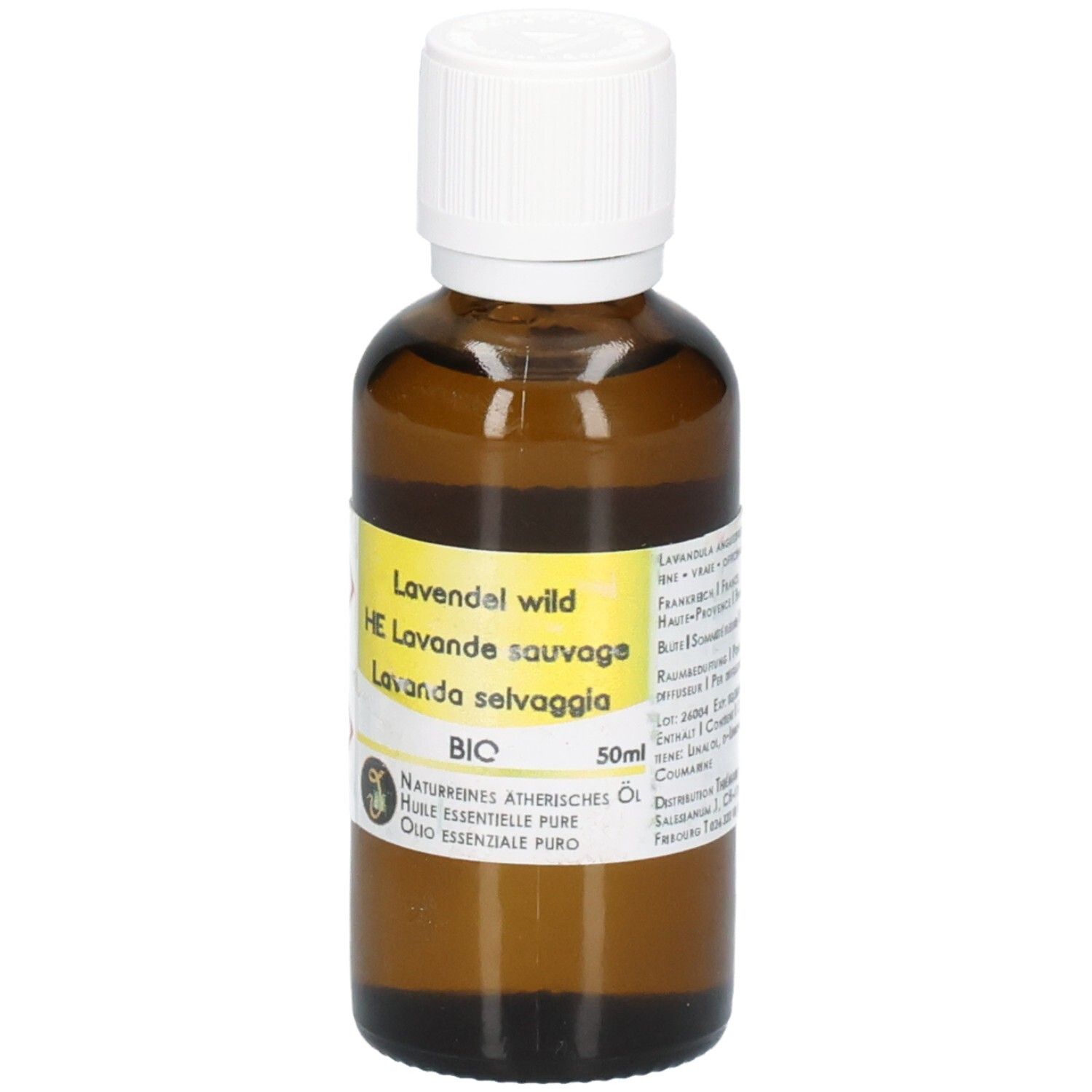 Braune Glasflasche mit weißem Schraubverschluss, gefüllt mit ätherischem Lavendelöl. Etikett mit „Lavendel wild“, „BIO“ und „50ml“.