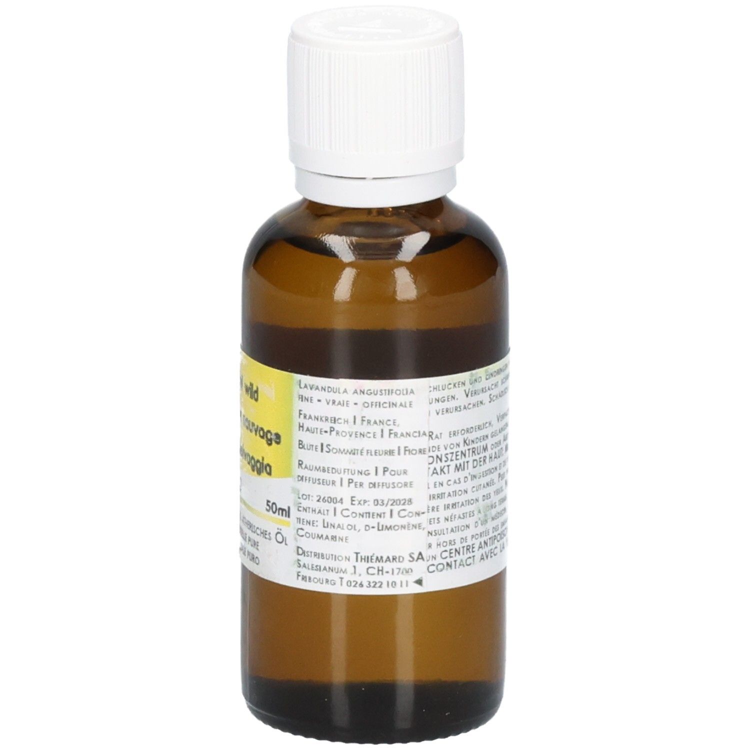 Braune Glasflasche mit weißem Schraubverschluss, 50ml Lavendelöl.