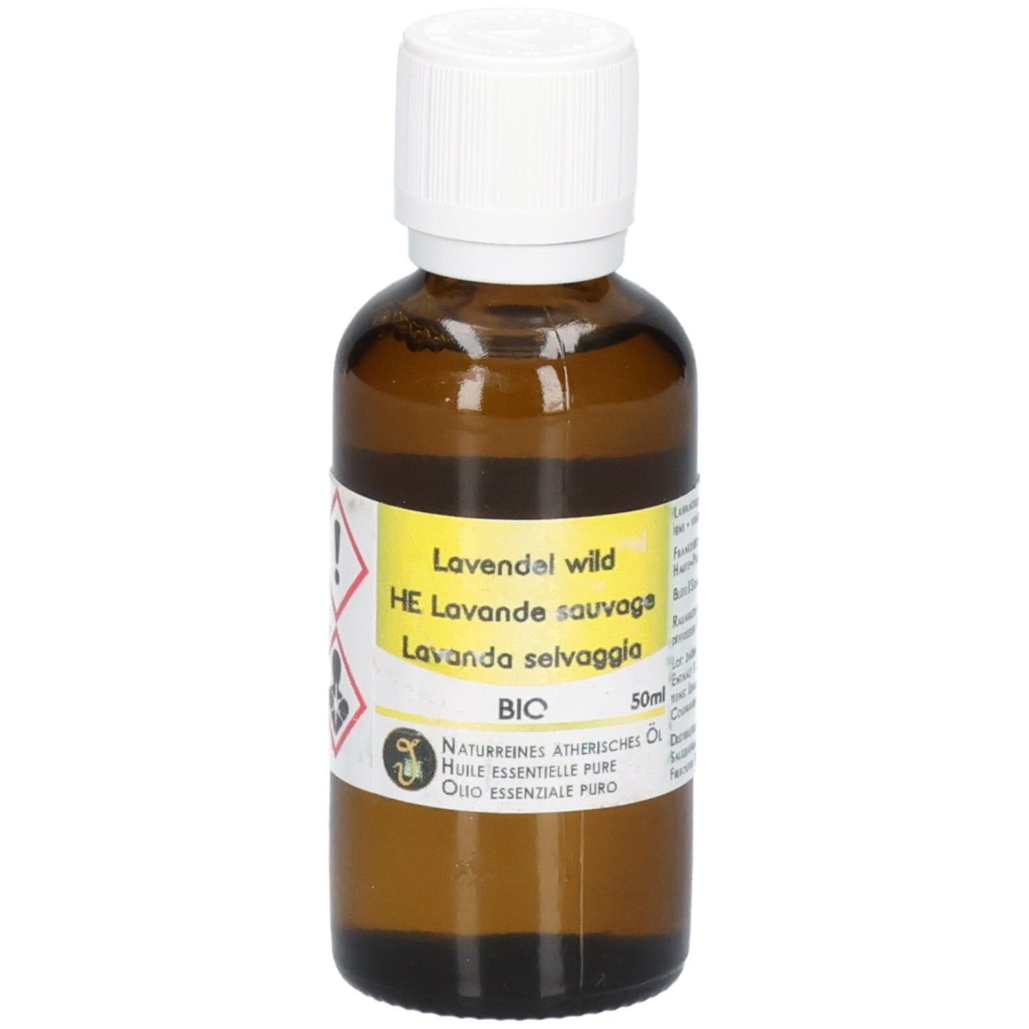 Braune Glasflasche mit weißem Schraubverschluss, gefüllt mit ätherischem Lavendelöl. Gelbes Etikett mit Produktinformationen und Warnsymbolen. Inhalt 50ml.