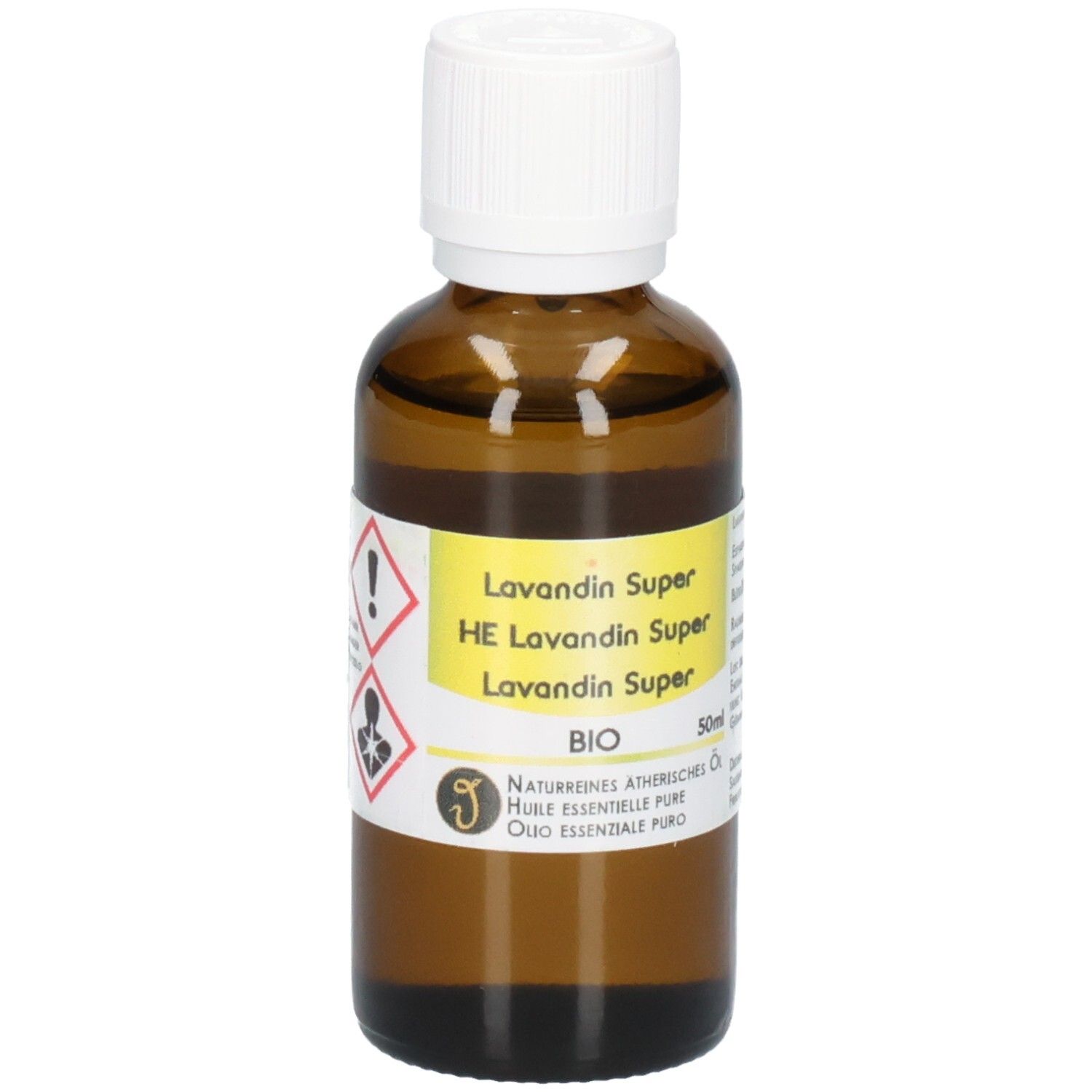 Braune Glasflasche mit weißem Verschluss, gefüllt mit Lavandin Super HE ätherischem Öl. BIO-Qualität, 50ml.