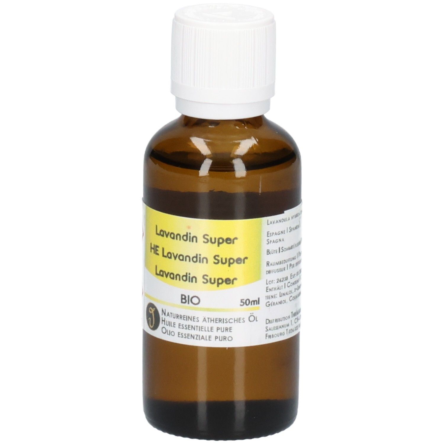 Braune Glasflasche mit weißem Verschluss, gefüllt mit Lavandin Super BIO ätherischem Öl. Etikett mit Produktinformationen und 50ml Angabe.