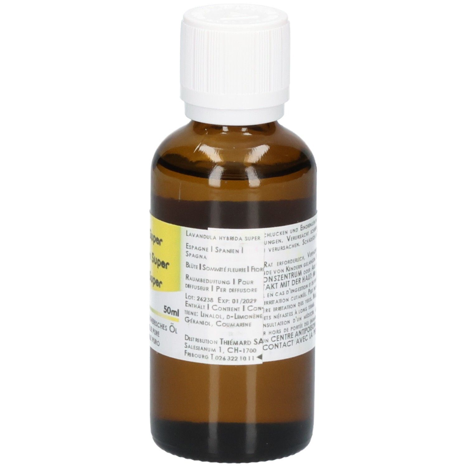 Braune Glasflasche mit weißem Schraubverschluss, 50ml. Enthält ätherisches Öl.