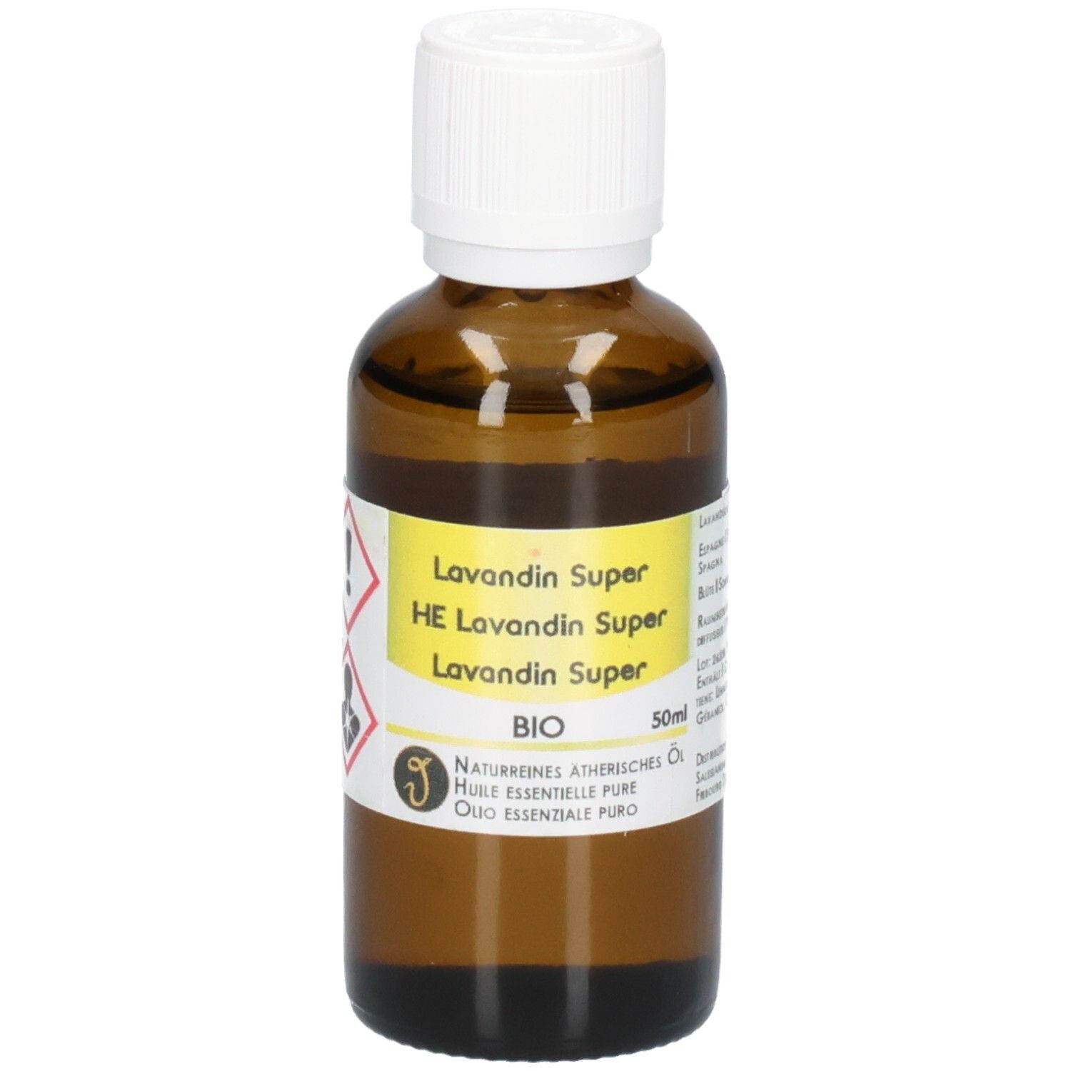Braune Glasflasche mit weißem Schraubverschluss, gefüllt mit Lavandin Super ätherischem Bio-Öl, 50ml.