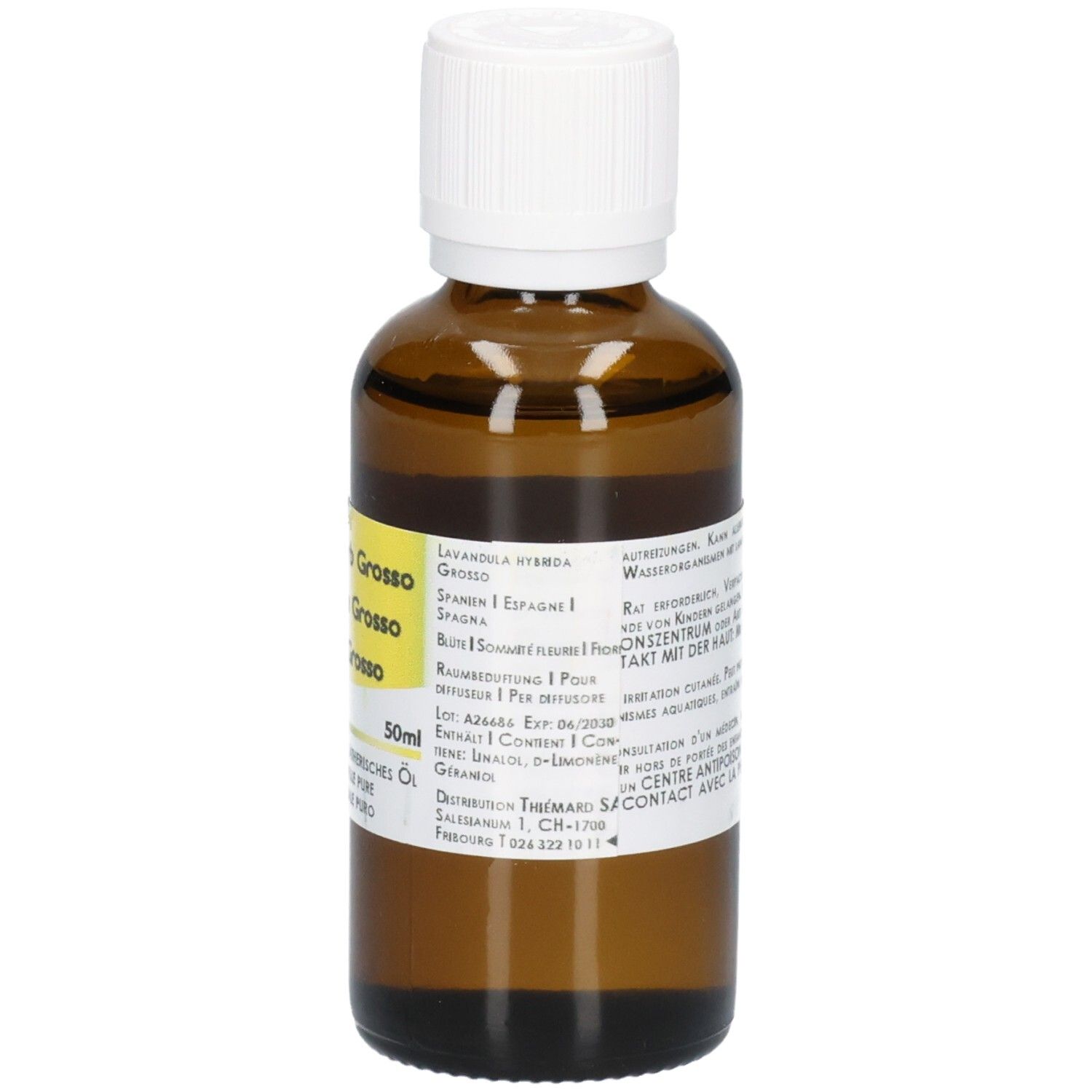 Braune Glasflasche mit weißem Schraubverschluss, 50ml, Lavandula Hybrida Grosso Öl.