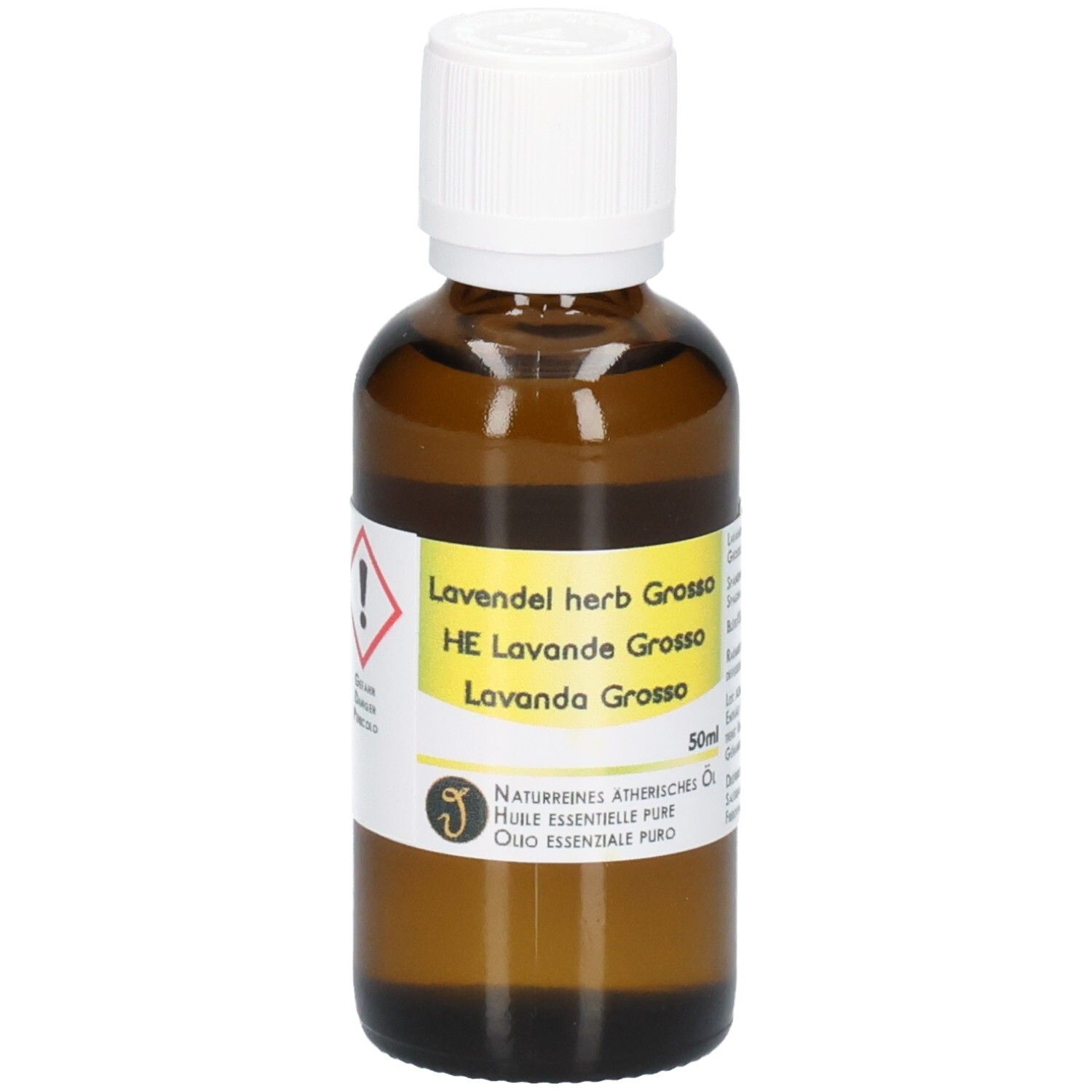 Braune Glasflasche mit weißem Schraubverschluss, gefüllt mit Lavendelöl. Etikett mit "Lavendel herb Grosso" und "50ml".