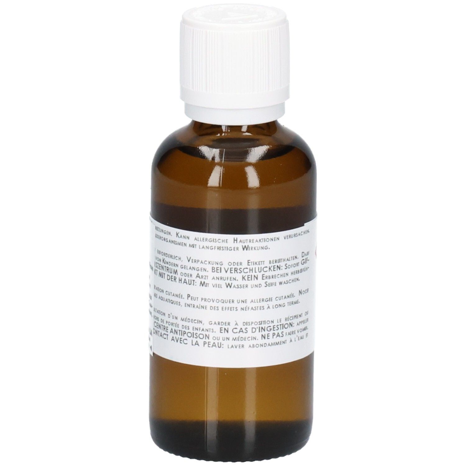 Braune Glasflasche mit weißem Schraubverschluss und Etikett mit Warnhinweisen.