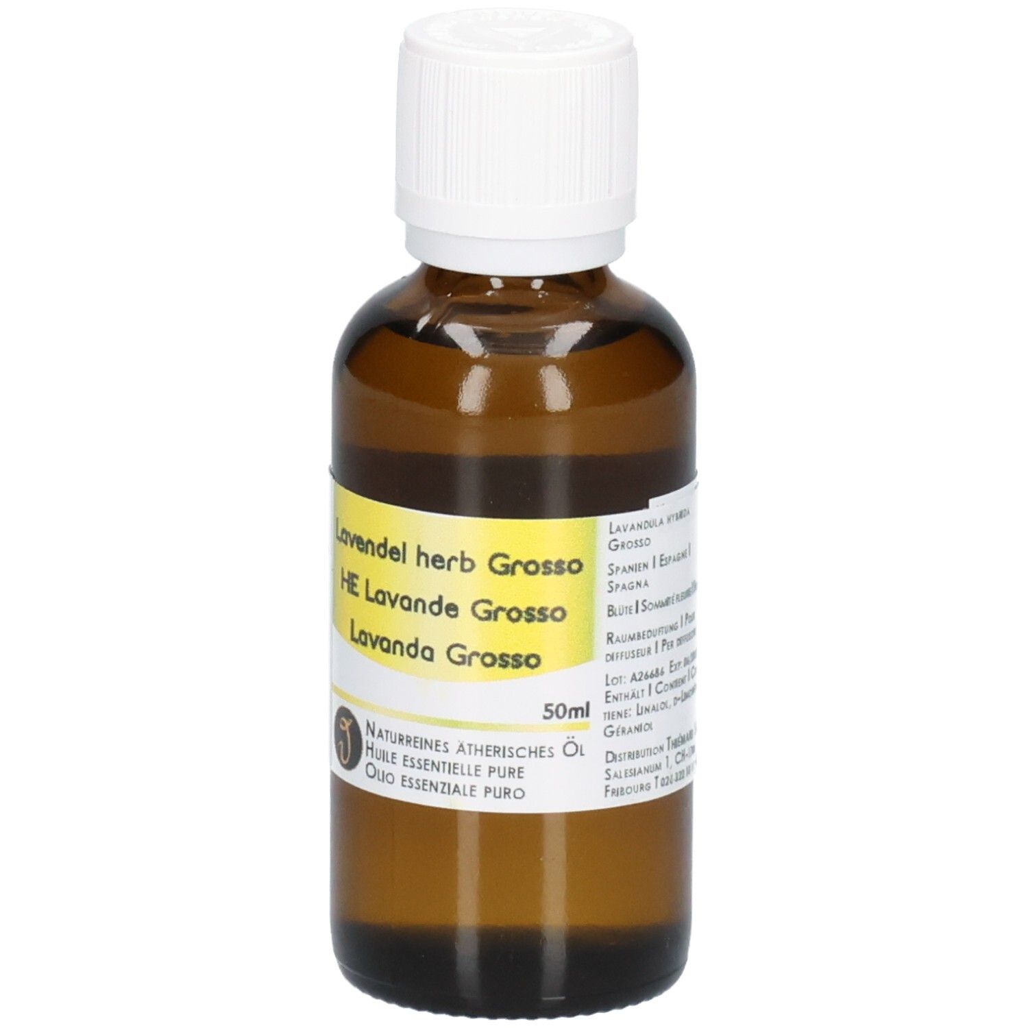 Braune Glasflasche mit weißem Schraubverschluss, gefüllt mit Lavendelöl Grosso. Enthält 50ml.