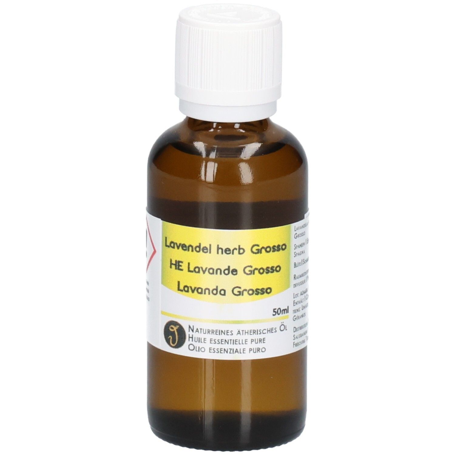 Braune Glasflasche mit weißem Schraubverschluss, gefüllt mit Lavendelöl. Etikett mit "Lavendel herb Grosso" und "50ml".