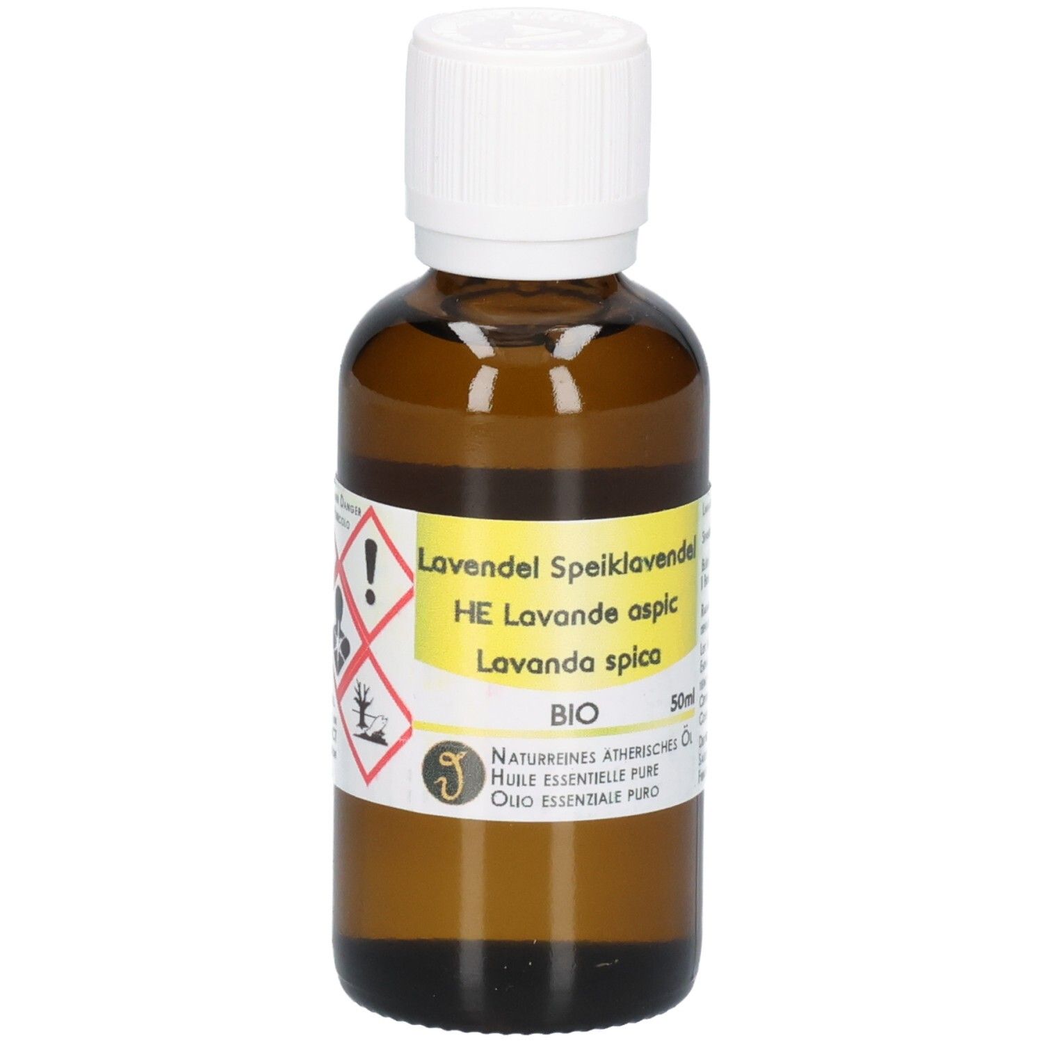 Braune Glasflasche mit weißem Schraubverschluss, gefüllt mit Lavendelöl. Gelbes Etikett mit Produktinformationen und Warnsymbolen.