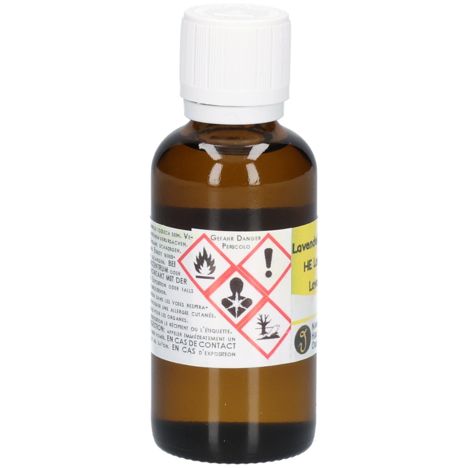 Braune Glasflasche mit weißem Schraubverschluss. Gelbes Etikett mit Gefahrensymbolen und Text.