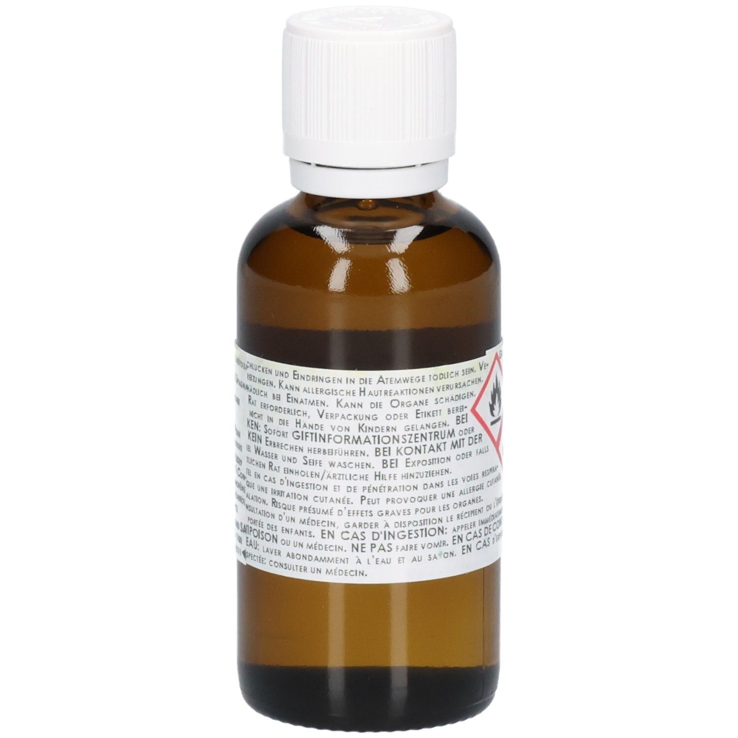 Braune Glasflasche mit weißem Schraubverschluss und Etikett mit Warnhinweisen.