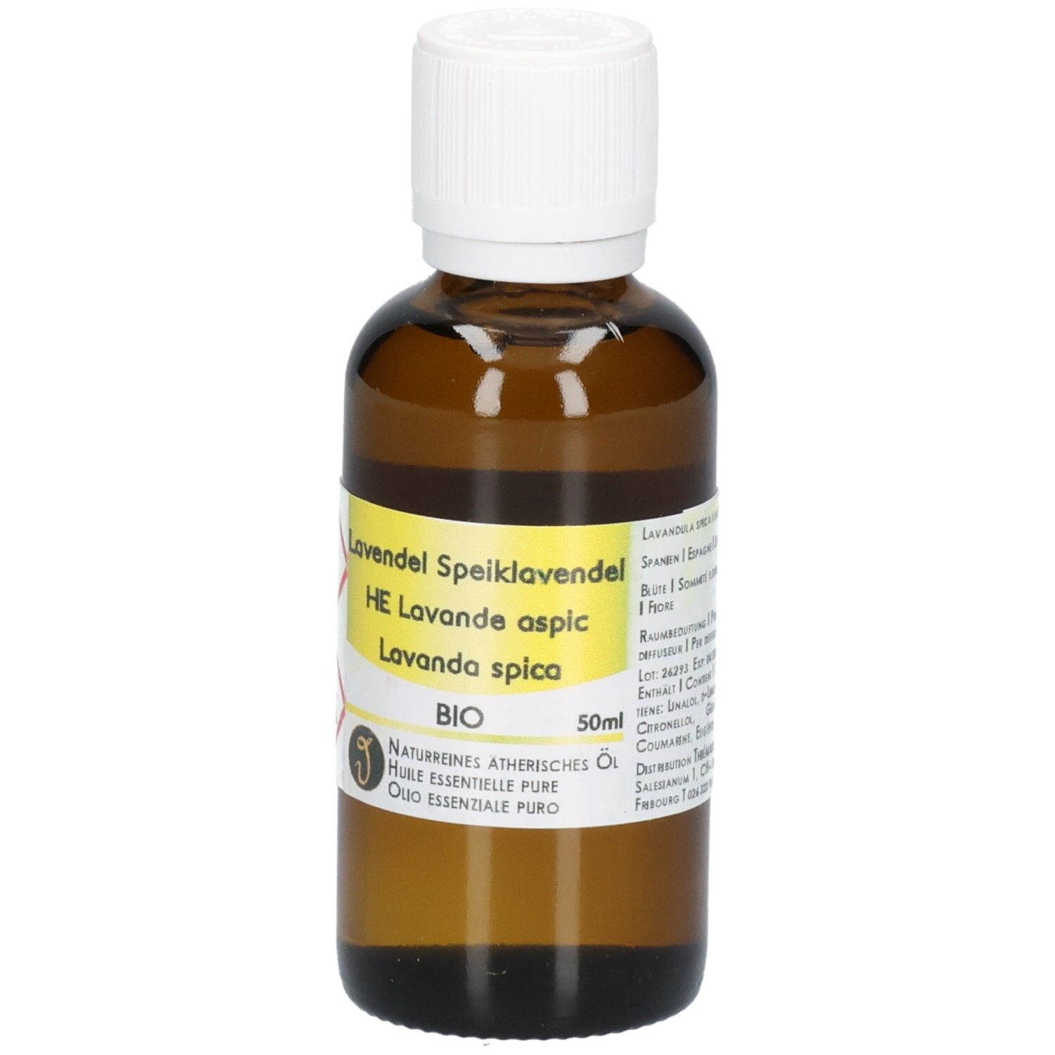 Braune Glasflasche mit weißem Schraubverschluss, gefüllt mit Lavendelöl. Etikett mit "Lavendel Speiklavendel HE Lavande aspic BIO 50ml".