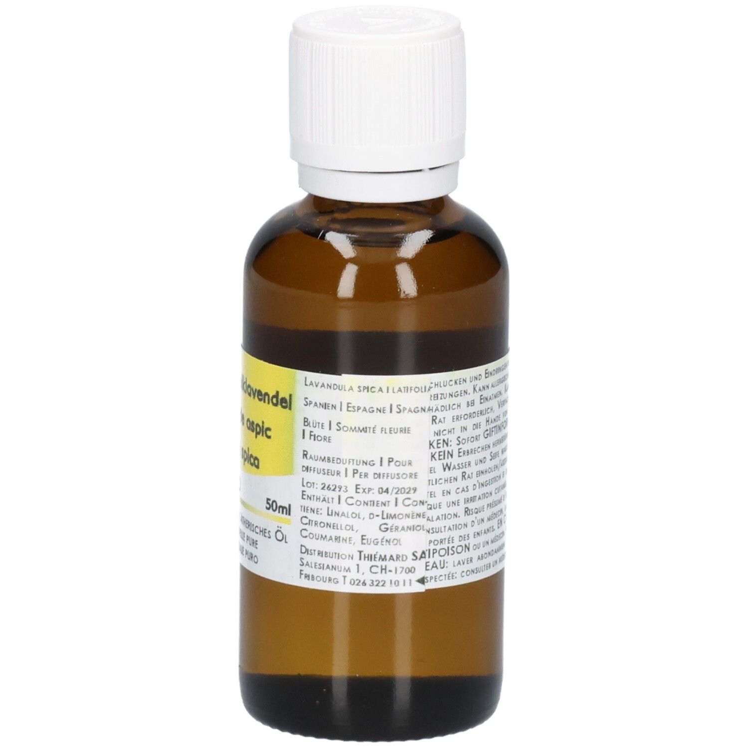 Braune Glasflasche mit weißem Schraubverschluss, 50ml. Enthält Lavendelöl.