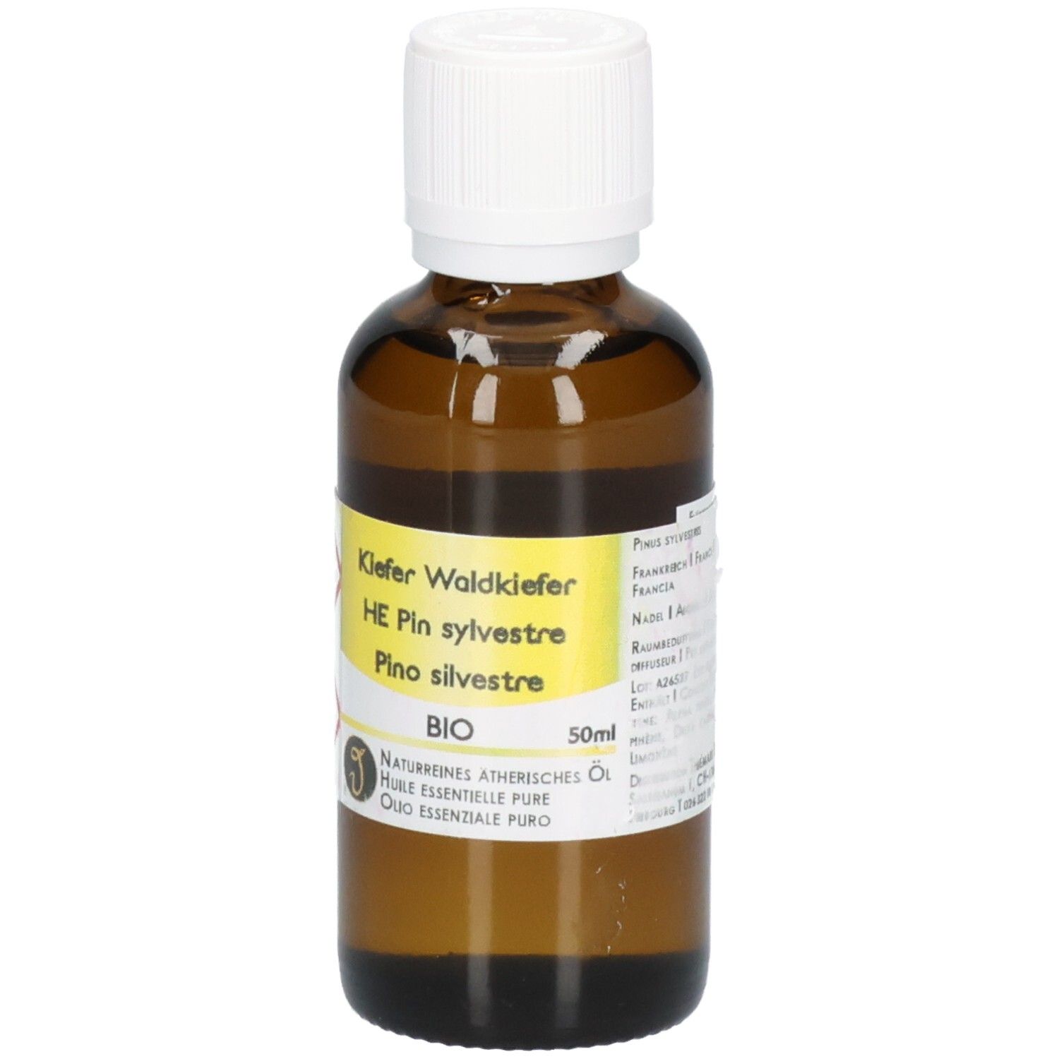 Braune Glasflasche mit weißem Schraubverschluss, gefüllt mit Kiefernöl. Gelbes Etikett mit "Kiefer Waldkiefer BIO 50ml".