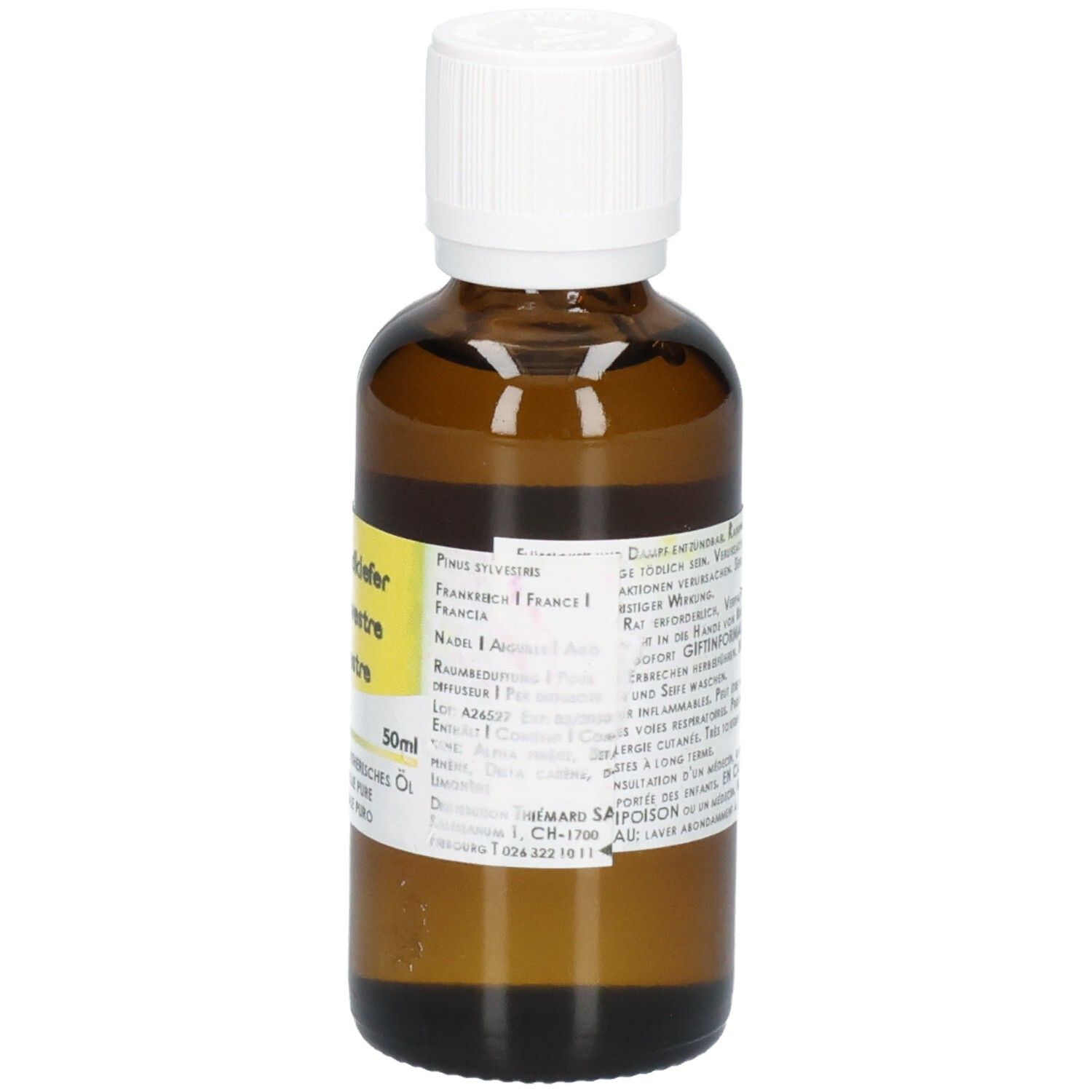 Braune Glasflasche mit weißem Schraubverschluss, gefüllt mit gelblicher Flüssigkeit. Etikett mit Produktinformationen und 50ml Angabe.