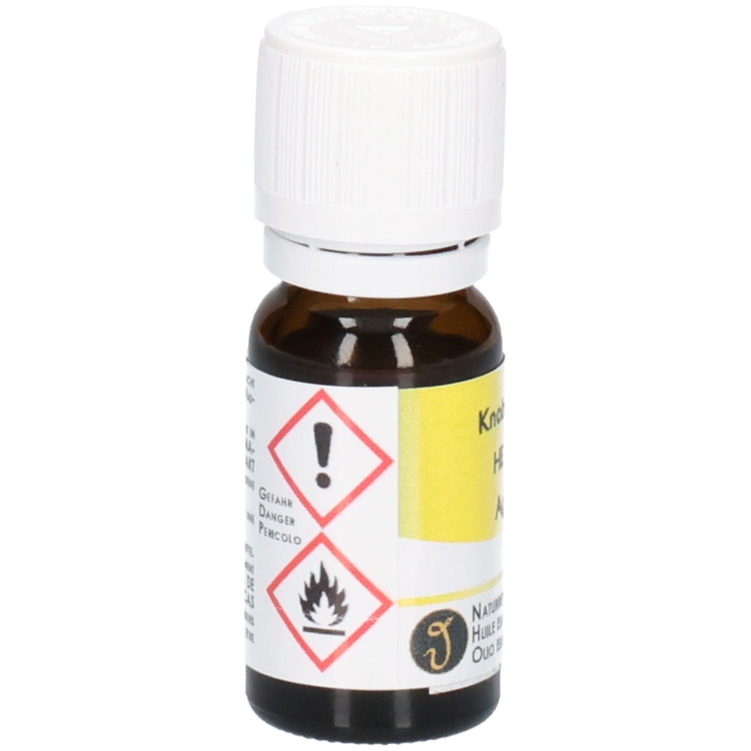 Étiquette de bouteille avec symboles d'avertissement : point d'exclamation, flamme. Flacon en verre brun avec bouchon blanc.