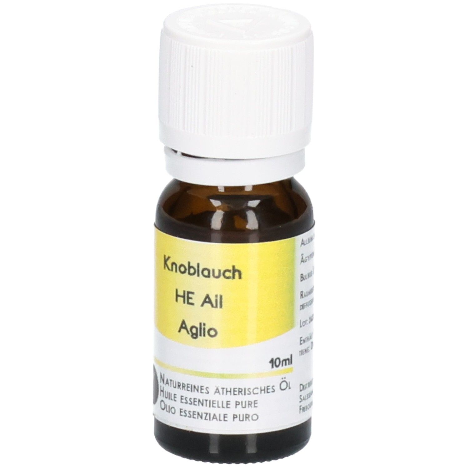Flacon en verre brun avec bouchon à vis blanc. Étiquette jaune avec inscription noire et mention 10ml.
