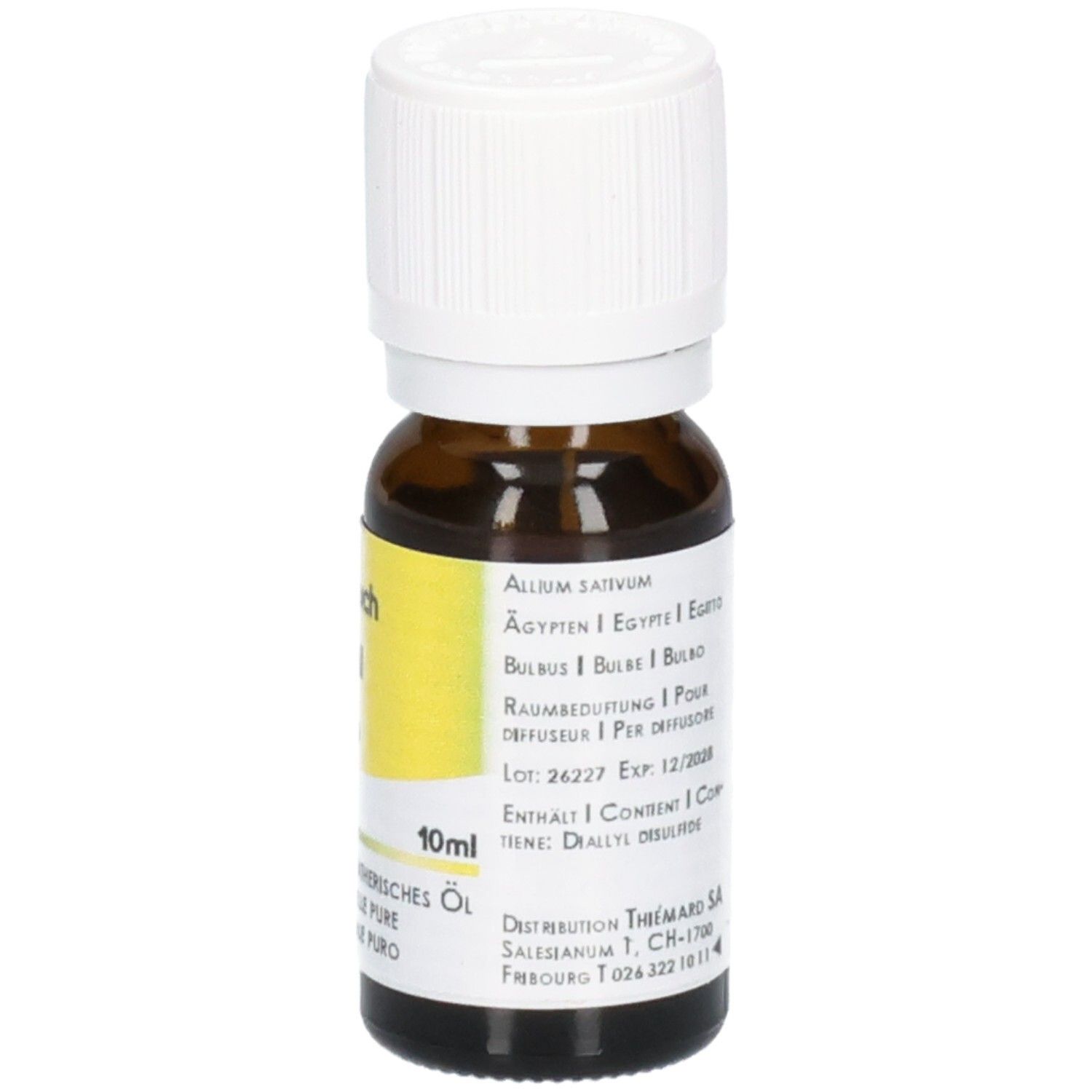 Flacon en verre brun avec bouchon blanc. Étiquette avec nom latin Allium Sativum et 10ml.