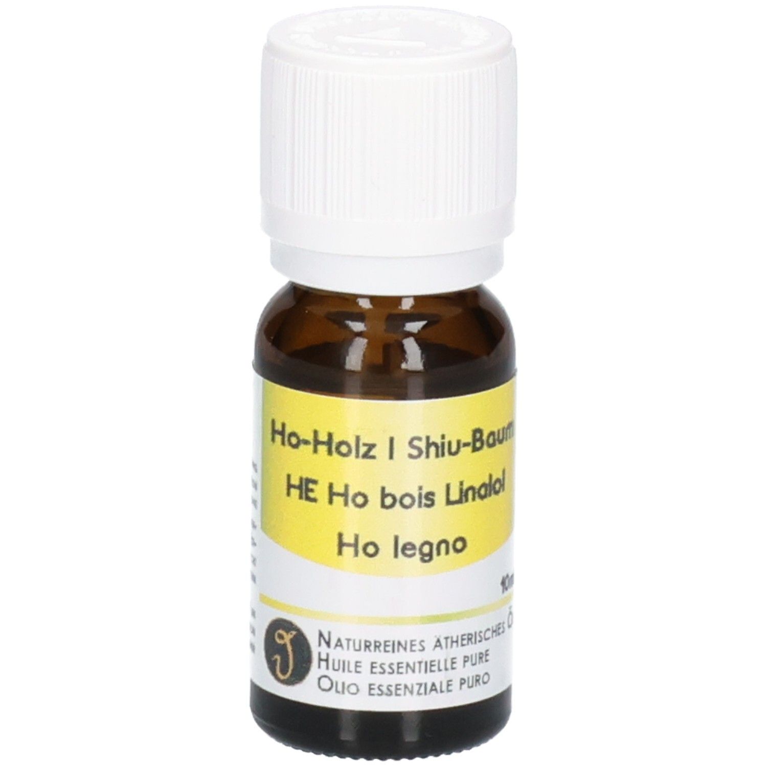 Flacon en verre brun avec bouchon à vis blanc, étiquette jaune avec informations produit.