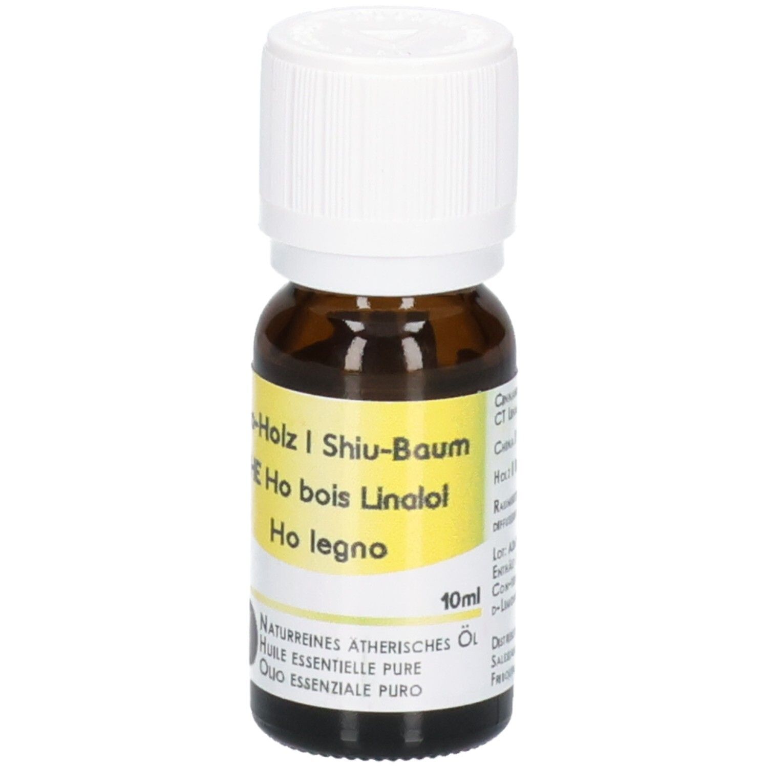 Flacon en verre brun avec bouchon blanc, étiquette jaune indiquant 10ml et informations produit.