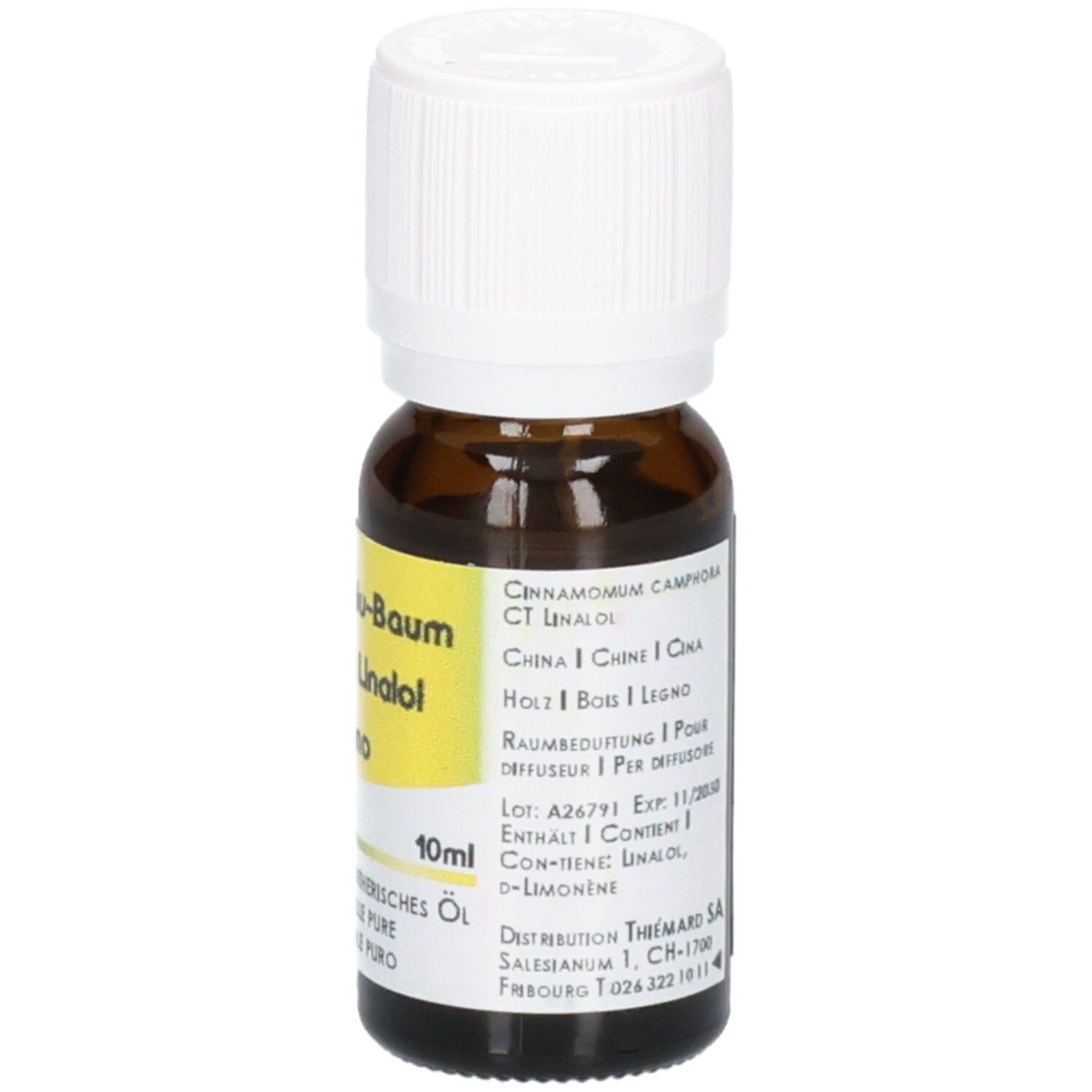 Flacon en verre brun avec bouchon blanc, étiquette indiquant 10ml et informations produit détaillées.