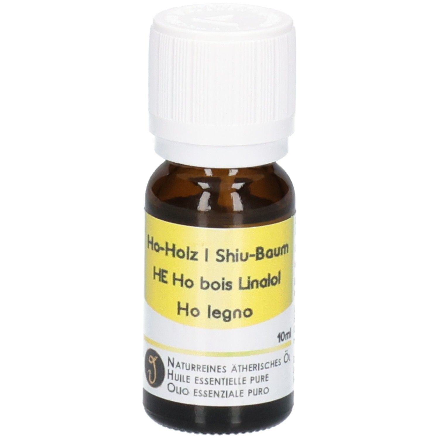 Flacon en verre brun avec bouchon blanc, étiquette jaune indiquant 10ml et informations produit.