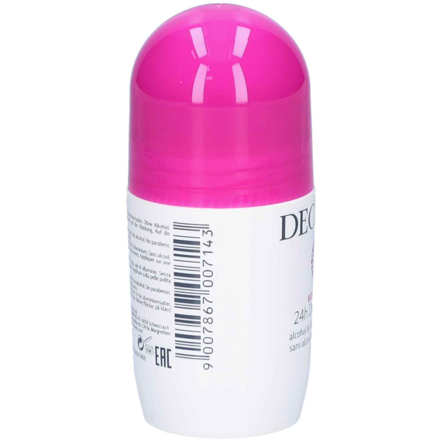 Rückseite des weißen Roll-on-Deodorants mit pinkfarbenem Deckel. Text und Barcode.