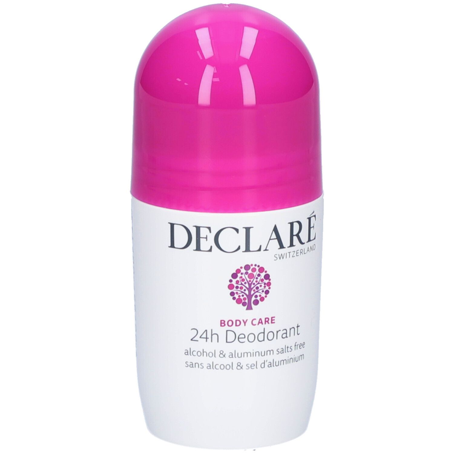 Weißer Roll-on-Deodorant mit pinkfarbenem Deckel. Beschriftung: DECLARÉ, 24h Deodorant, Body Care.