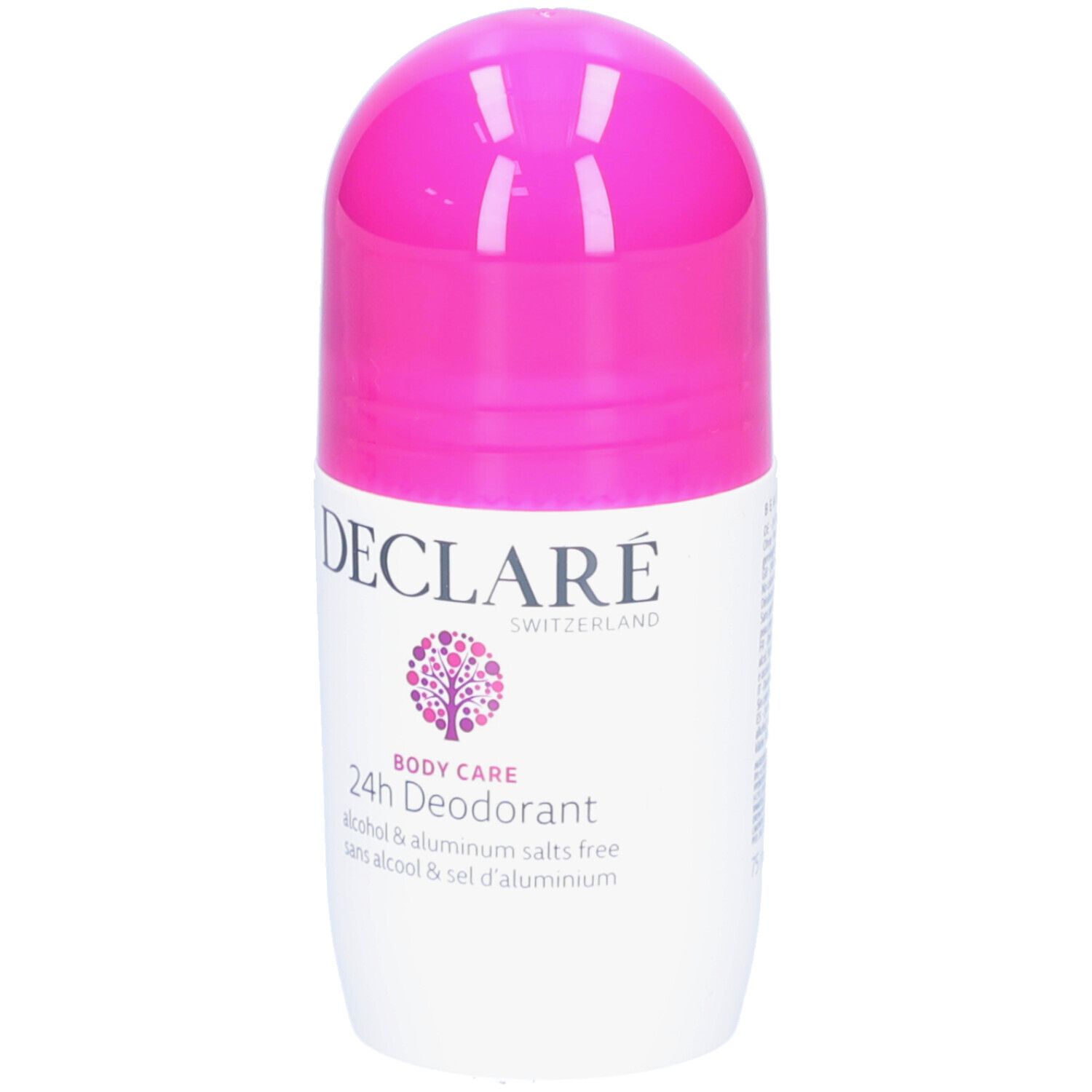 Déodorant roll-on blanc avec bouchon rose. Inscription: DECLARÉ, 24h Deodorant, Body Care.