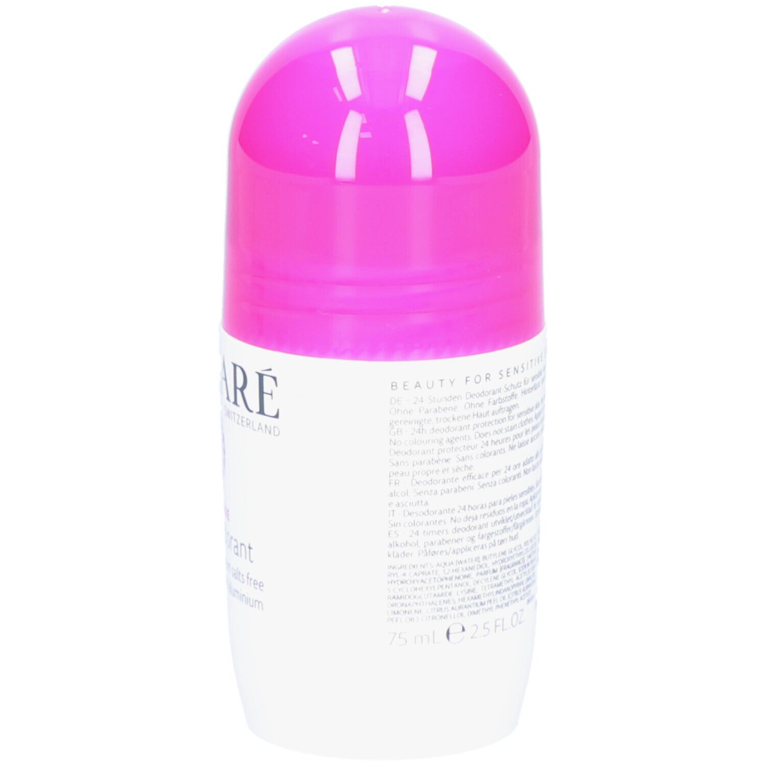 Rückseite des weißen Roll-on-Deodorants mit pinkfarbenem Deckel. Text für empfindliche Haut.