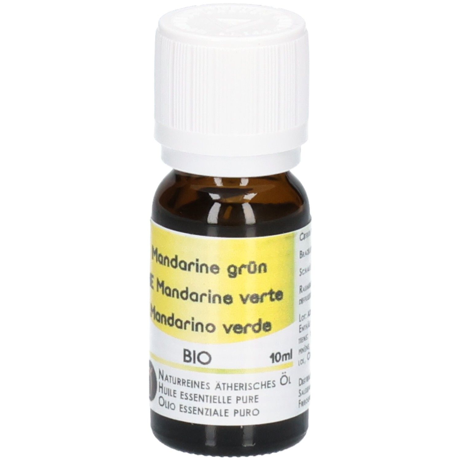 Braune Glasflasche mit weißem Schraubverschluss, gefüllt mit grünem Mandarinenöl. Enthält 10ml. BIO-Zertifizierung sichtbar.