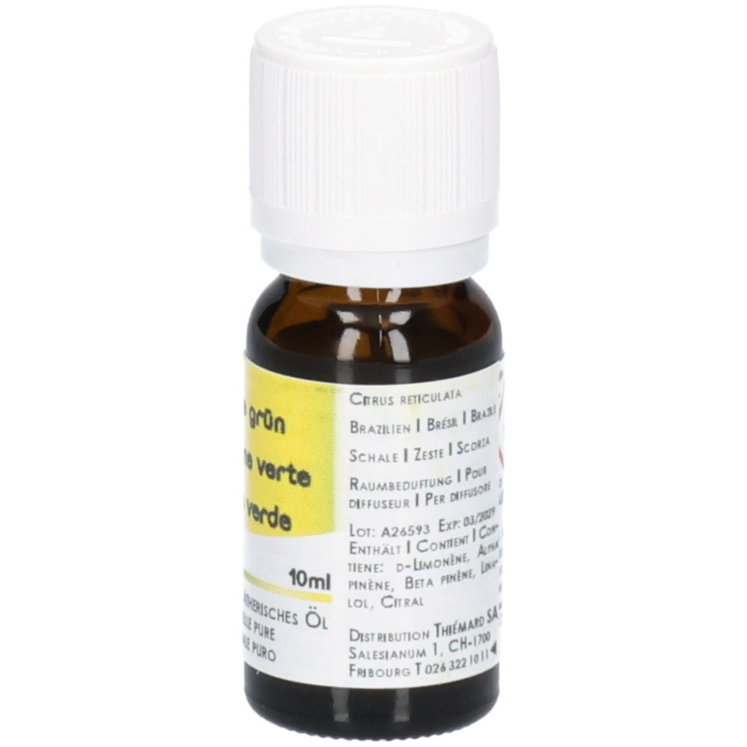 Braune Glasflasche mit weißem Schraubverschluss, 10ml ätherisches Öl. Etikett mit gelbem und weißem Text.