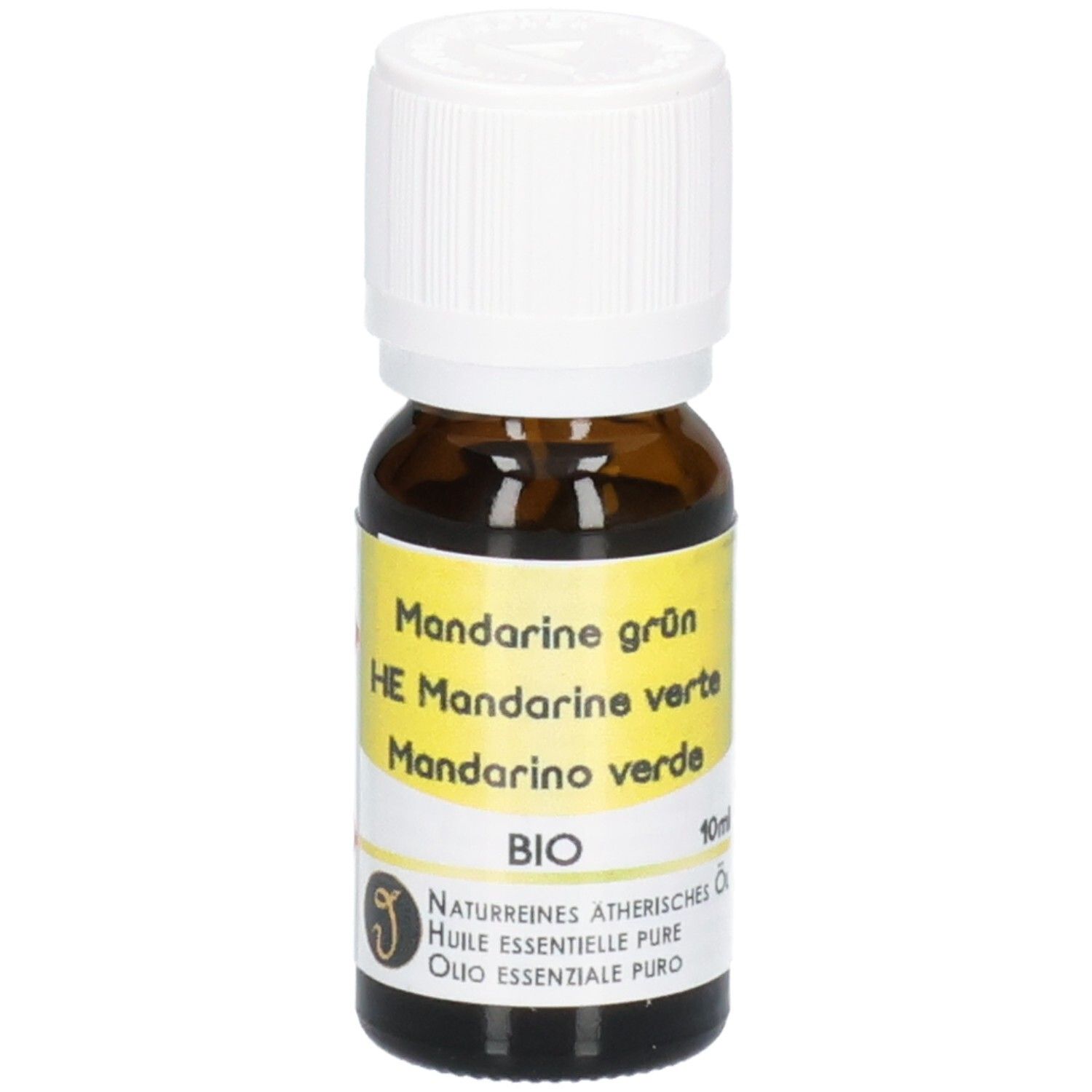 Braune Glasflasche mit weißem Verschluss, gefüllt mit ätherischem Mandarinenöl. Gelbes Etikett mit mehrsprachigen Produktinformationen und "BIO"-Siegel.