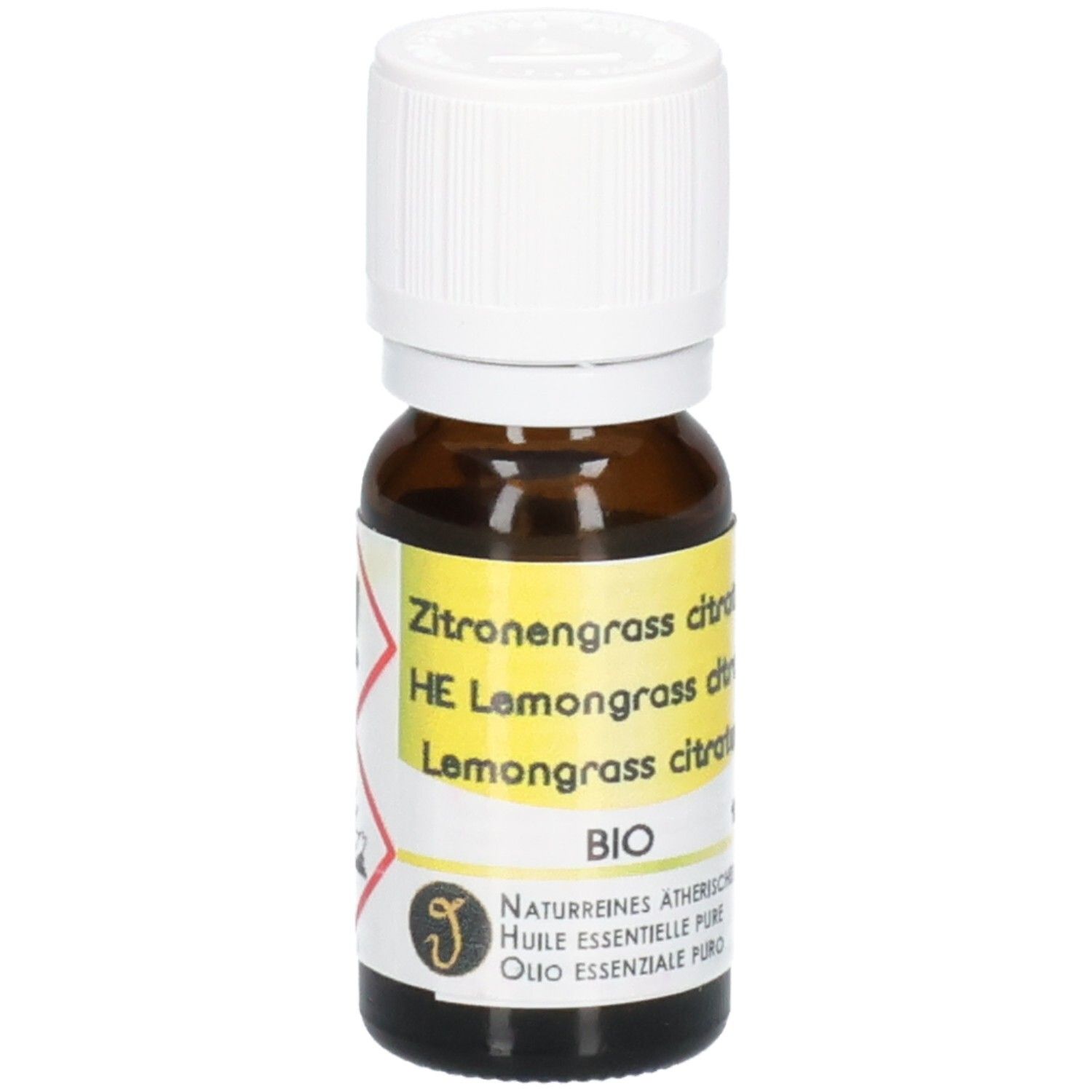 Braune Glasflasche mit weißem Schraubverschluss, gefüllt mit ätherischem Lemongrass-Öl. Etikett mit BIO-Siegel.