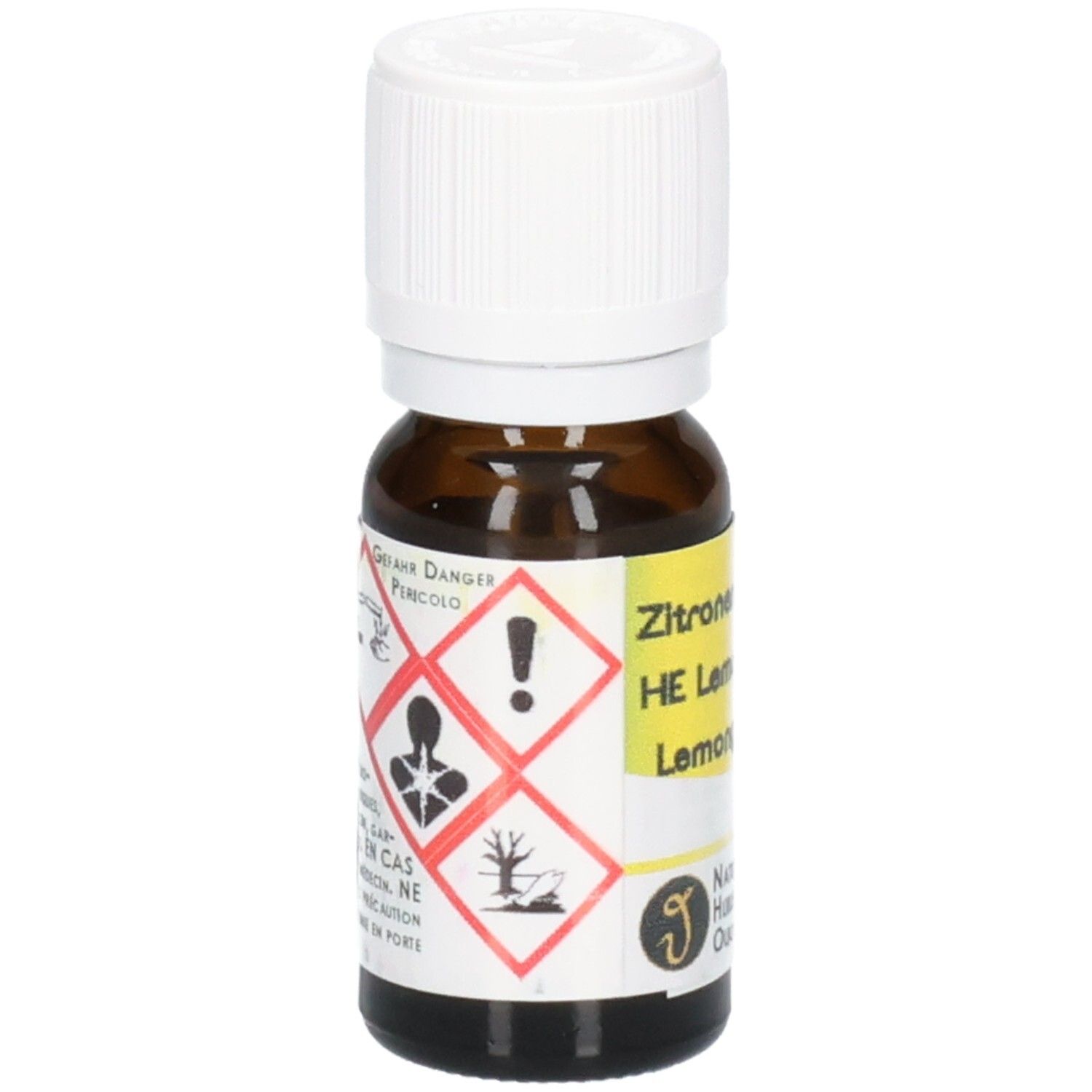 Braune Glasflasche mit weißem Schraubverschluss, Etikett mit Gefahrensymbolen und "Zitron HE Lemon" Aufschrift.