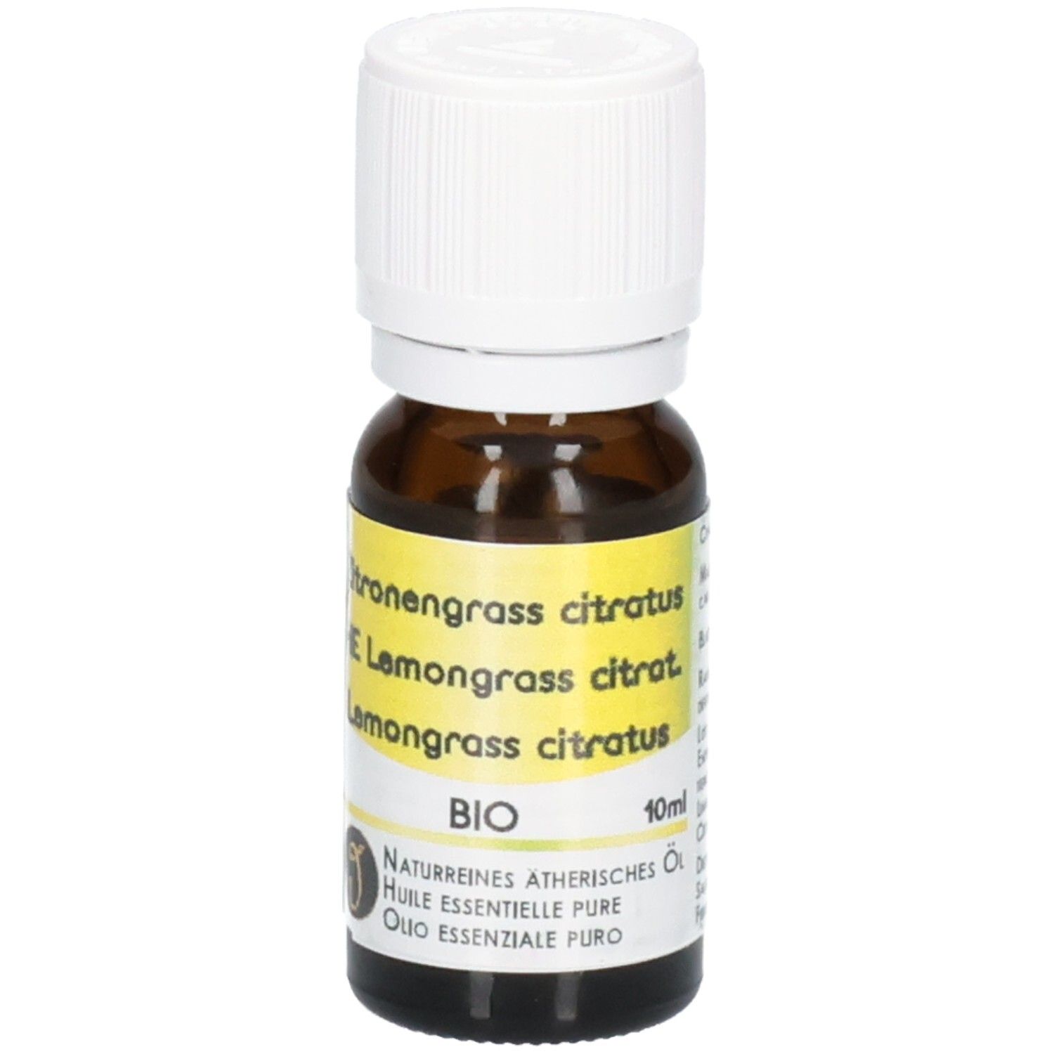 Braune Glasflasche mit weißem Schraubverschluss, Etikett mit "Lemongrass citratus BIO 10ml" und "Naturreines Ätherisches Öl".