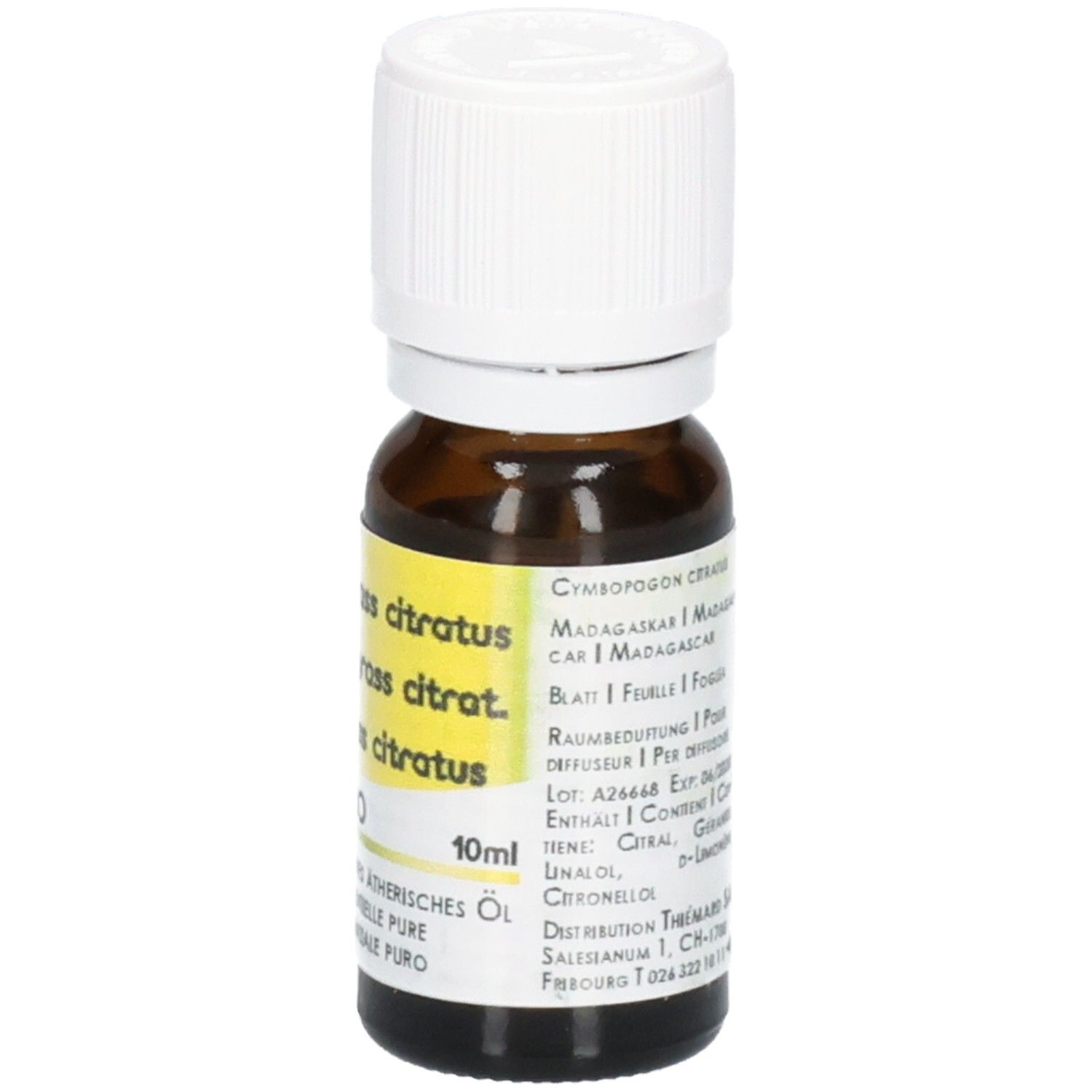 Braune Glasflasche mit weißem Schraubverschluss, 10ml ätherisches Öl, Etikett mit 'Cymbopogon citratus'.