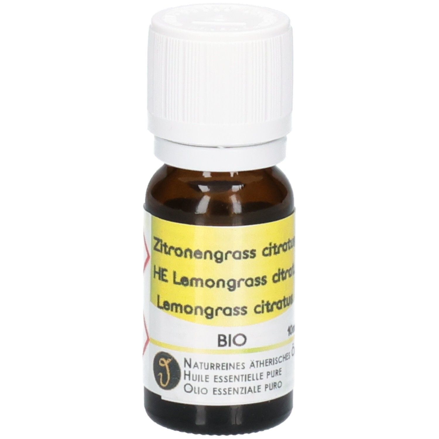 Braune Glasflasche mit weißem Schraubverschluss, gefüllt mit ätherischem Lemongrass-Öl. Gelbes Etikett mit Produktinformationen.