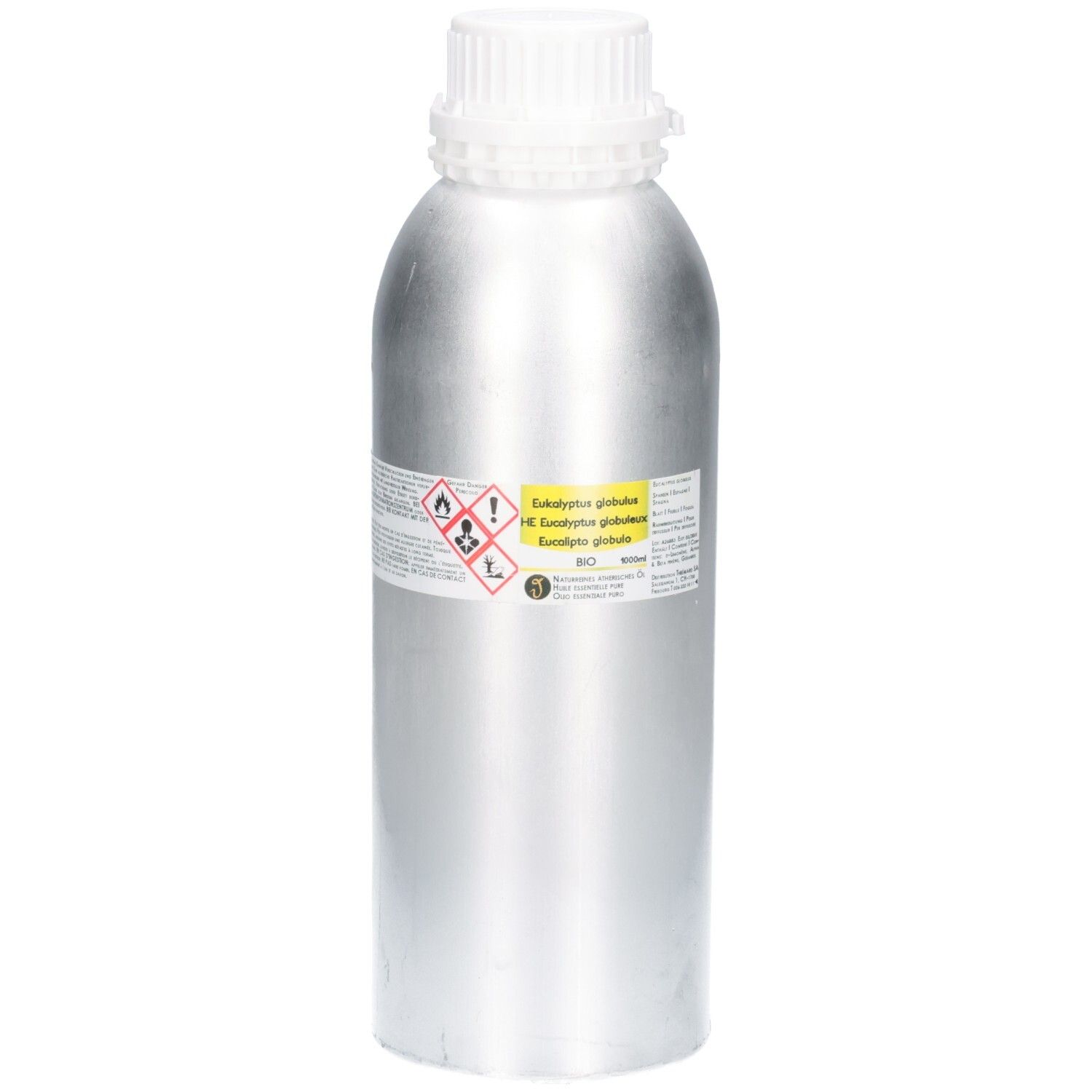 Aluminiumflasche mit weißem Schraubverschluss, Etikett mit Gefahrensymbolen und Produktinformationen.