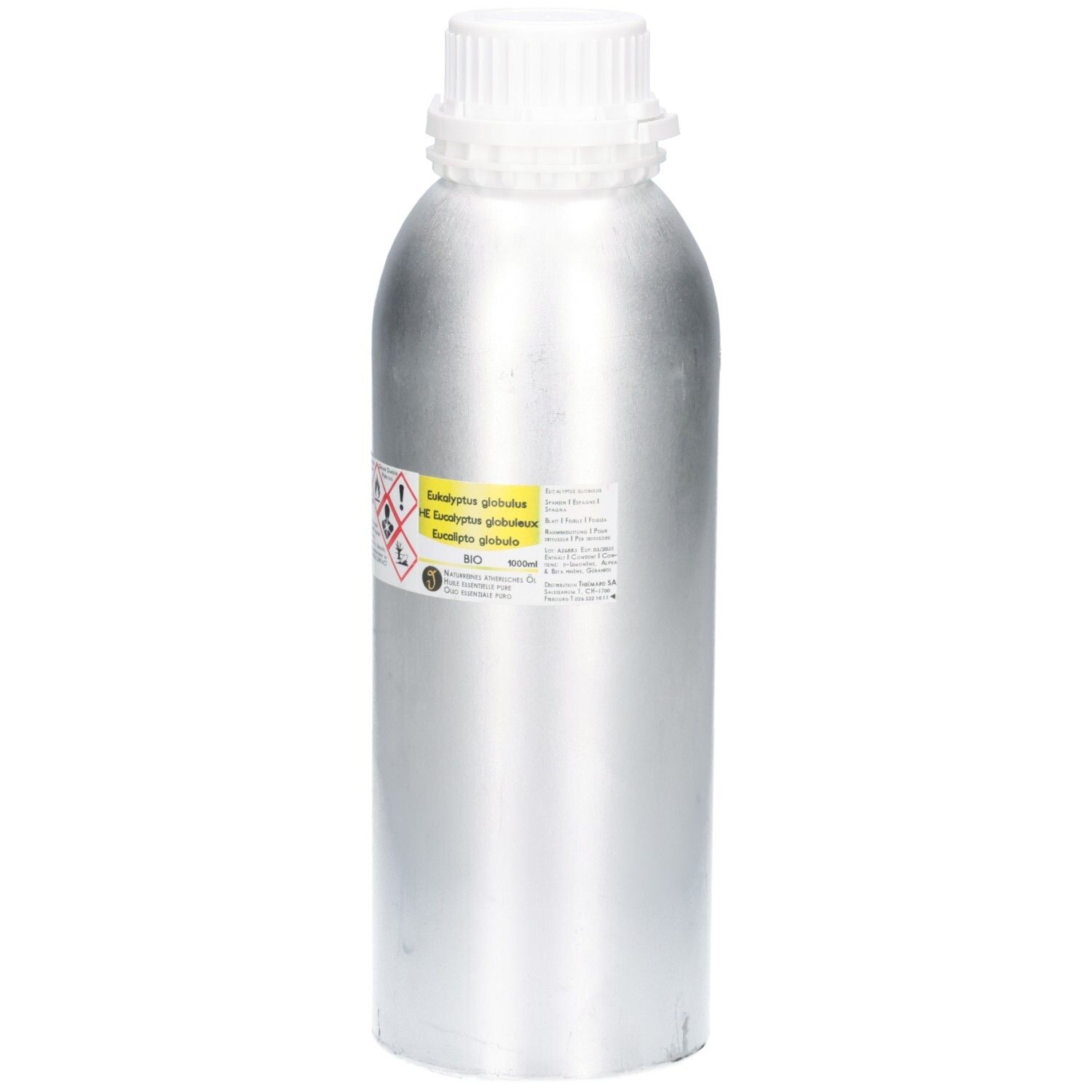 Silberne Aluminiumflasche mit weißem Schraubverschluss. Gelbes Etikett mit Gefahrensymbolen und Produktinformationen.