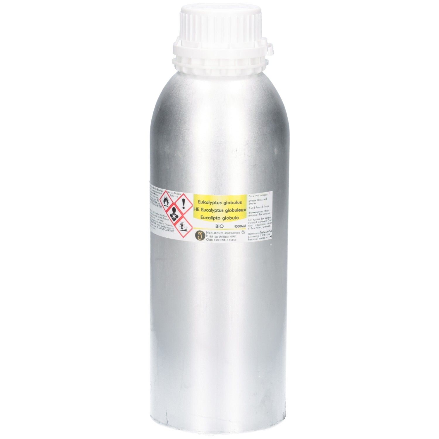 Aluminiumflasche mit weißem Schraubverschluss. Gelbes Etikett mit Warnsymbolen und Produktinformationen.