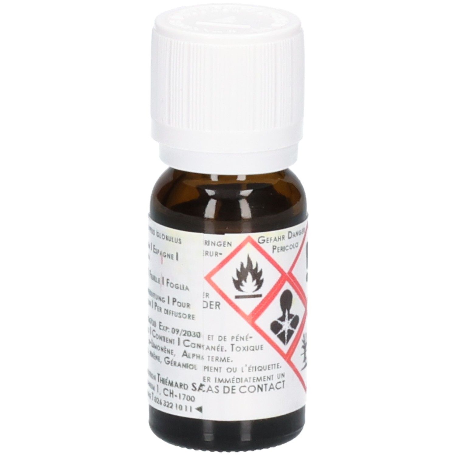 Braune Glasflasche mit weißem Schraubverschluss, enthält Flüssigkeit. Gefahrensymbole auf dem Etikett.