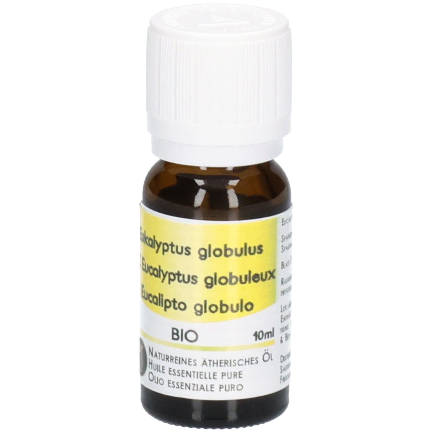 Braune Glasflasche mit weißem Schraubverschluss, 10ml BIO Eucalyptus globulus Öl.