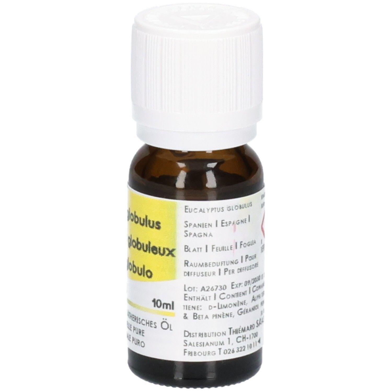 Braune Glasflasche mit weißem Schraubverschluss, 10ml ätherisches Öl, Etikett mit Eucalyptus Globulus.