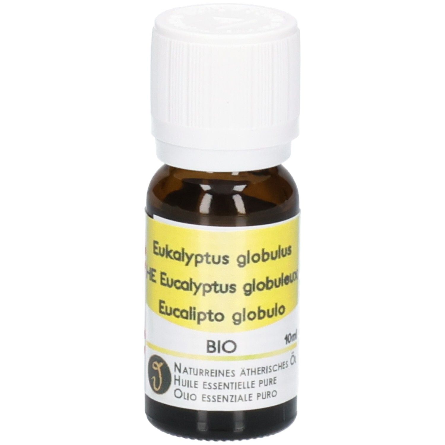 Braune Glasflasche mit weißem Schraubverschluss, gefüllt mit ätherischem Bio-Eukalyptusöl. Gelbes Etikett mit Produktinformationen.