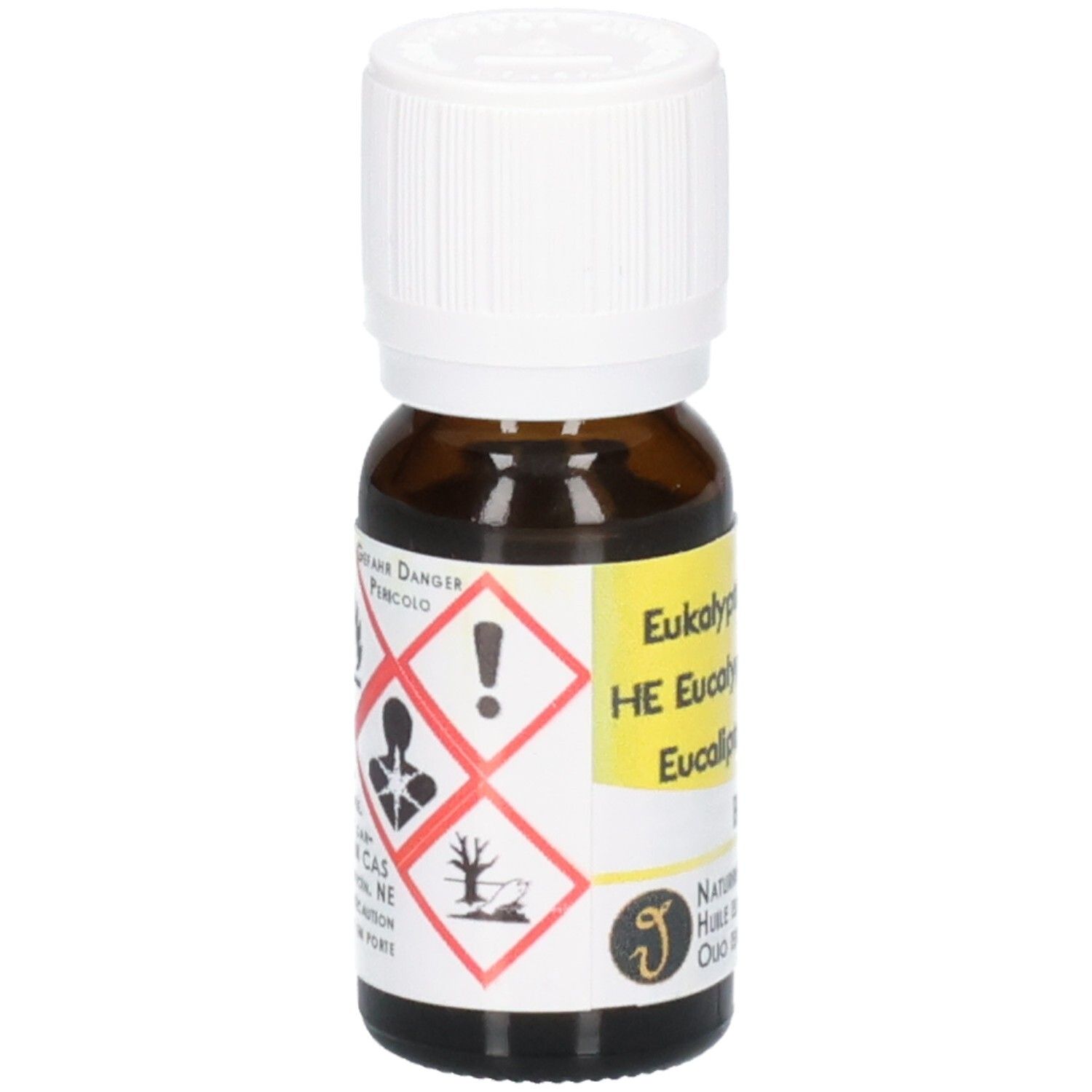Braune Glasflasche mit weißem Schraubverschluss, gefüllt mit ätherischem Öl. Enthält Gefahrensymbole und die Aufschrift "Eukalyptus HE Eukalyptus".