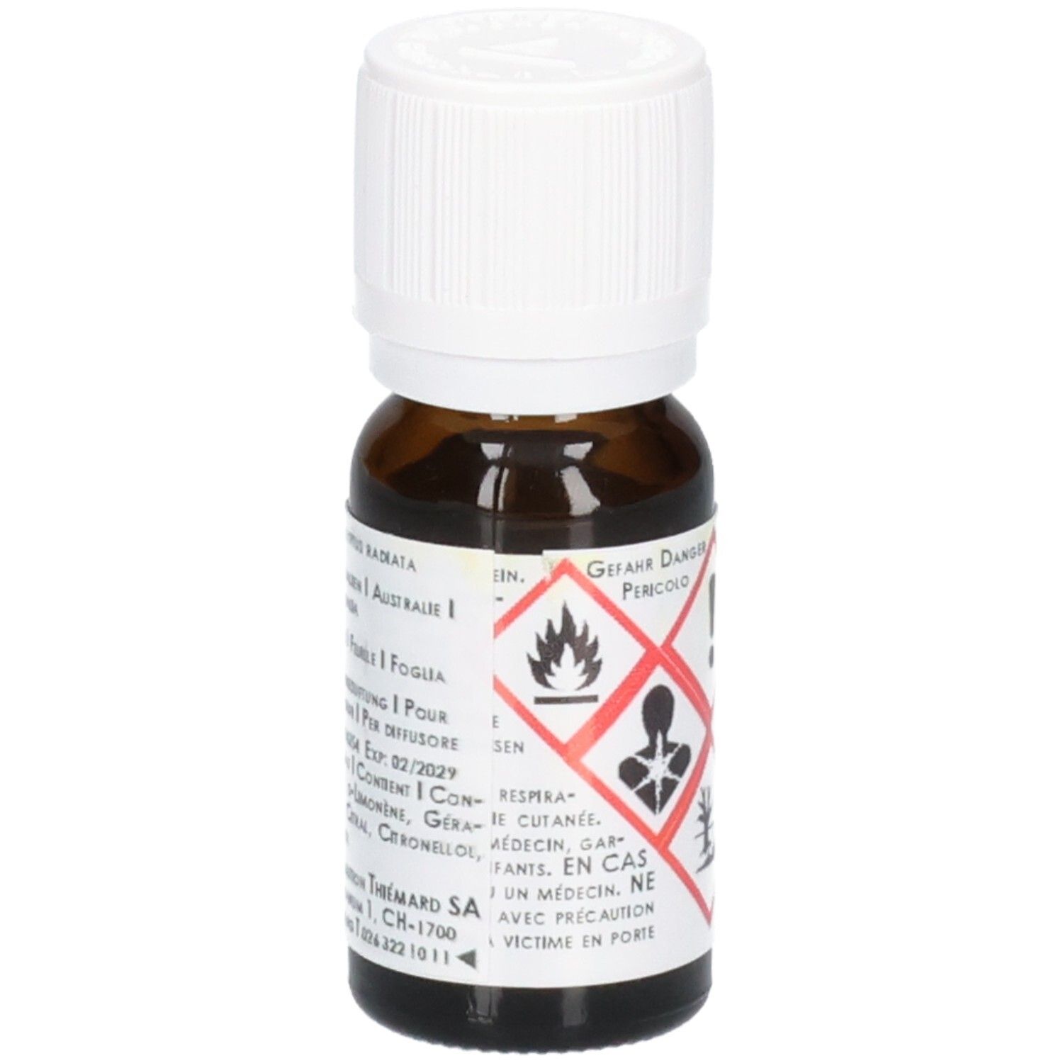 Braune Glasflasche mit weißem Schraubverschluss, enthält Warnsymbole für Entzündbarkeit und Gesundheitsgefahr.