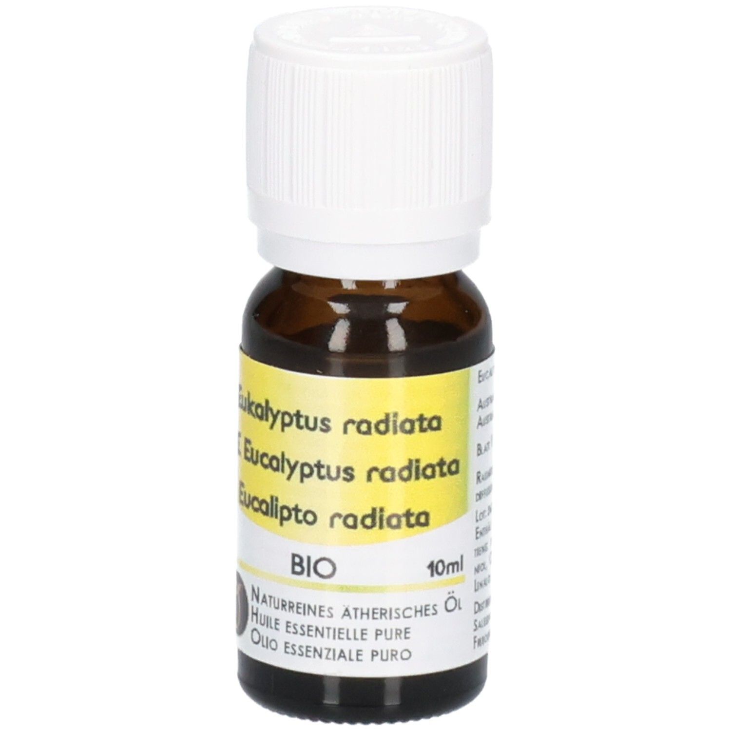 Braune Glasflasche mit weißem Schraubverschluss, 10ml, mit Etikett 'Eucalyptus radiata BIO'.